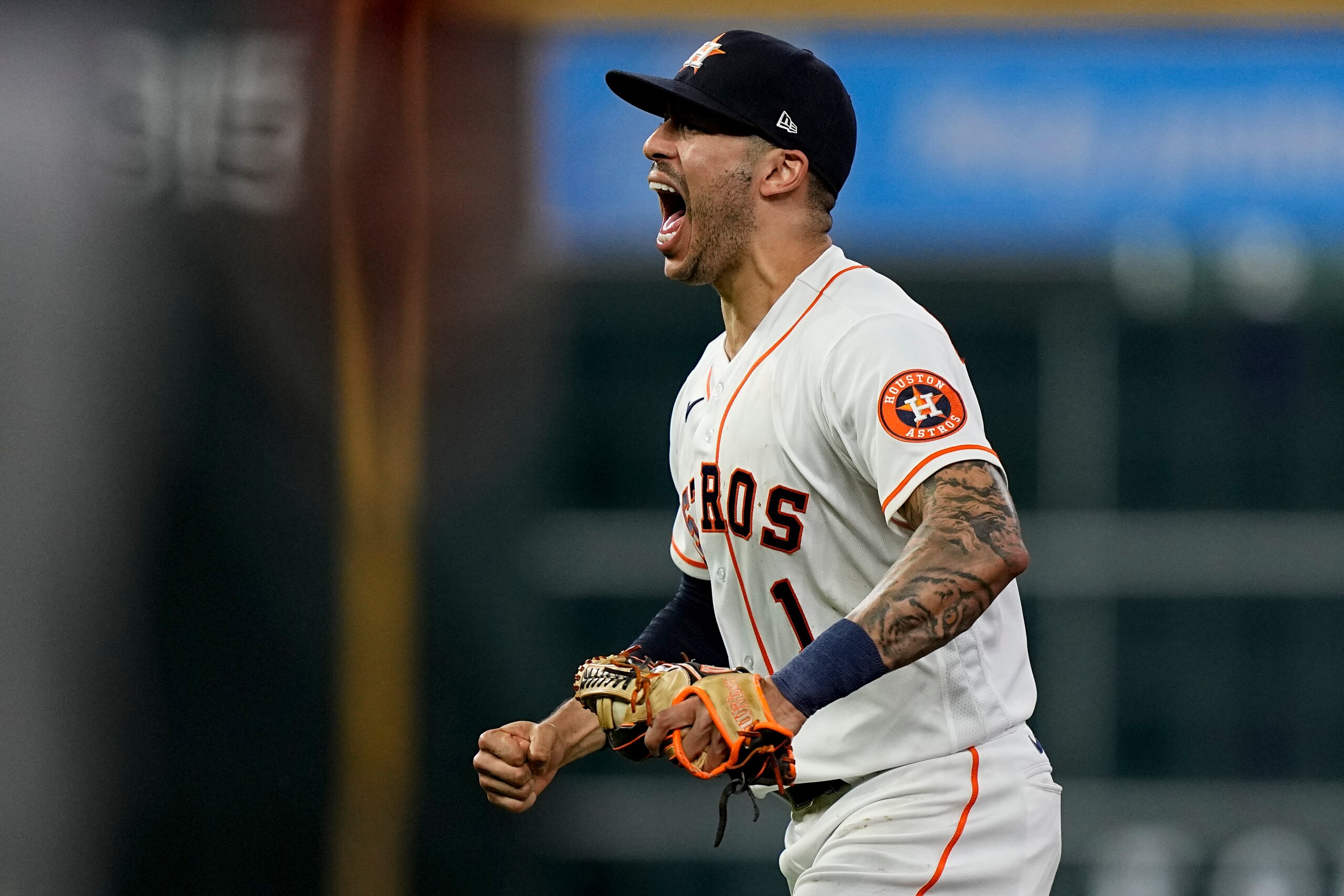Houston Astros shortstop Carlos Correa celebrates after tagging out Boston Red Sox's Alex Verdugo at second to end the top of the seventh inning in Game 6 of baseball's American League Championship Series Friday, Oct. 22, 2021, in Houston. (AP Photo/David J. Phillip) Houston Astros shortstop Carlos Correa celebrates after tagging out Boston Red Sox's Alex Verdugo at second to end the top of the seventh inning in Game 6 of baseball's American League Championship Series Friday, Oct. 22, 2021, in Houston. (AP Photo/David J. Phillip)