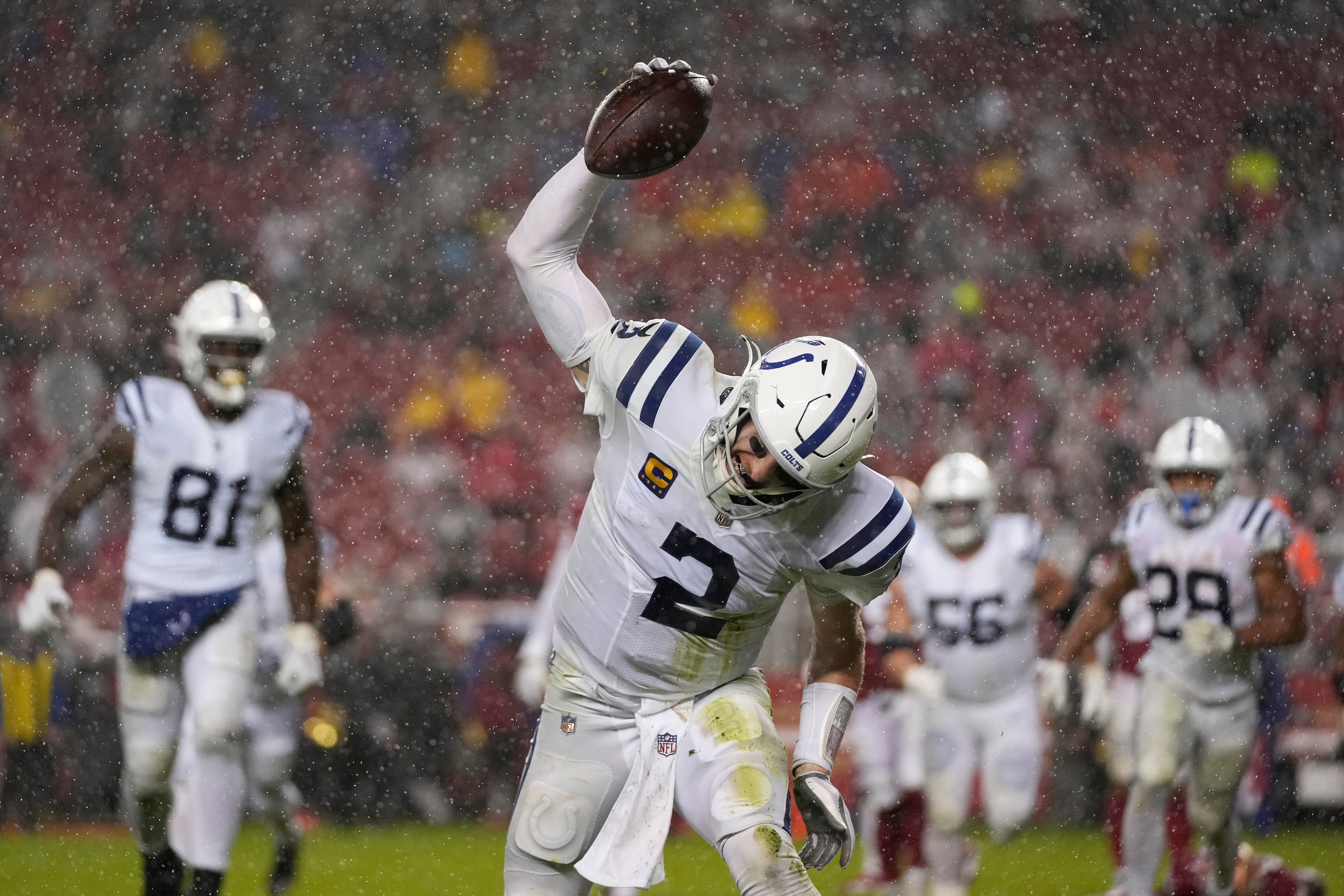 Indianapolis Colts quarterback Carson Wentz (2) celebrates after scoring against the San Francisco 49ers during the first half of an NFL football game in Santa Clara, Calif., Sunday, Oct. 24, 2021. (AP Photo/Tony Avelar) Indianapolis Colts quarterback Carson Wentz (2) celebrates after scoring against the San Francisco 49ers during the first half of an NFL football game in Santa Clara, Calif., Sunday, Oct. 24, 2021. (AP Photo/Tony Avelar)