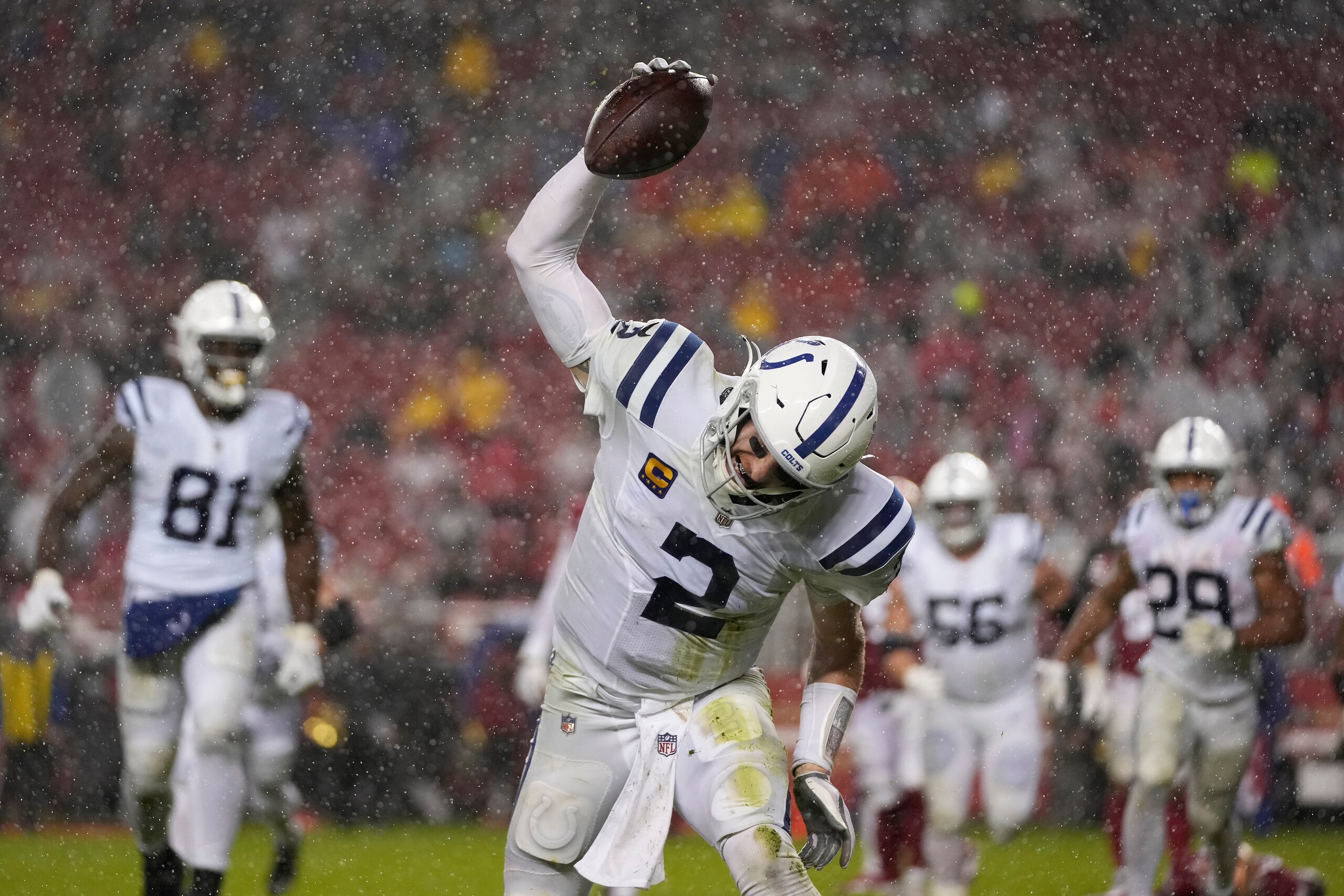 Indianapolis Colts quarterback Carson Wentz (2) celebrates after scoring against the San Francisco 49ers during the first half of an NFL football game in Santa Clara, Calif., Sunday, Oct. 24, 2021. (AP Photo/Tony Avelar)