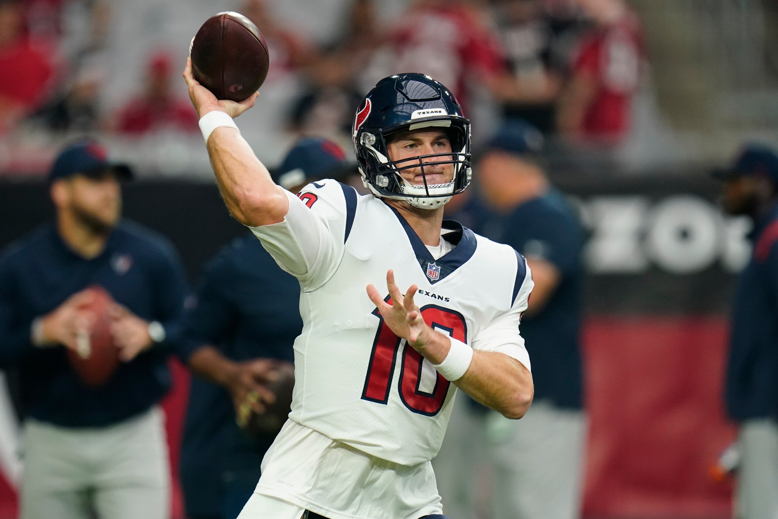 Houston Texans quarterback Davis Mills (10) warms up prior to an NFL football game against the Arizona Cardinals, Sunday, Oct. 24, 2021, in Glendale, Ariz. (AP Photo/Ross D. Franklin)