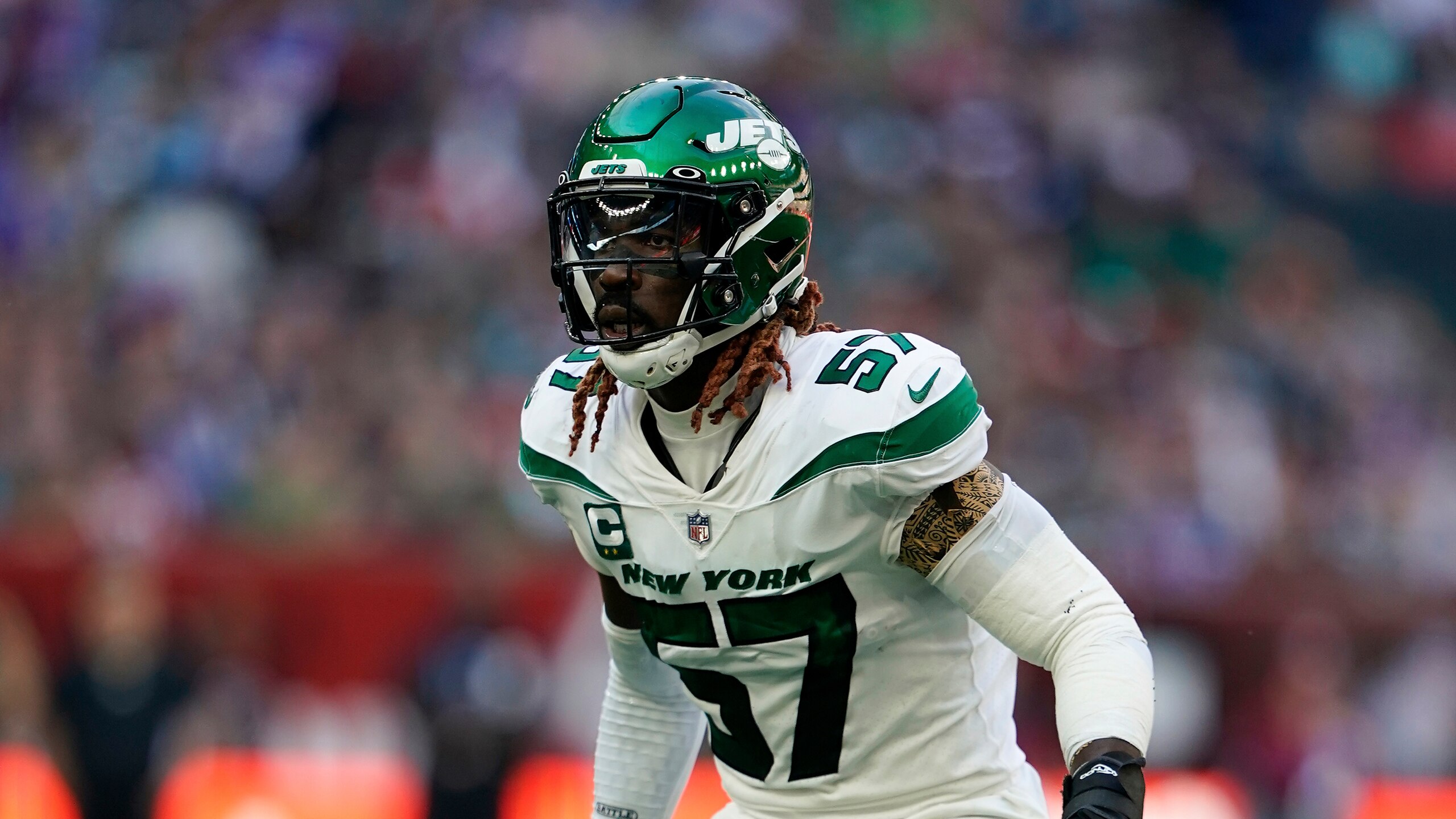 New York Jets middle linebacker C.J. Mosley (57) in coverage during an NFL football game against the Atlanta Falcons at Tottenham Hotspur Stadium in London, Sunday, Oct. 10, 2021. (AP Photo/Steve Luciano)