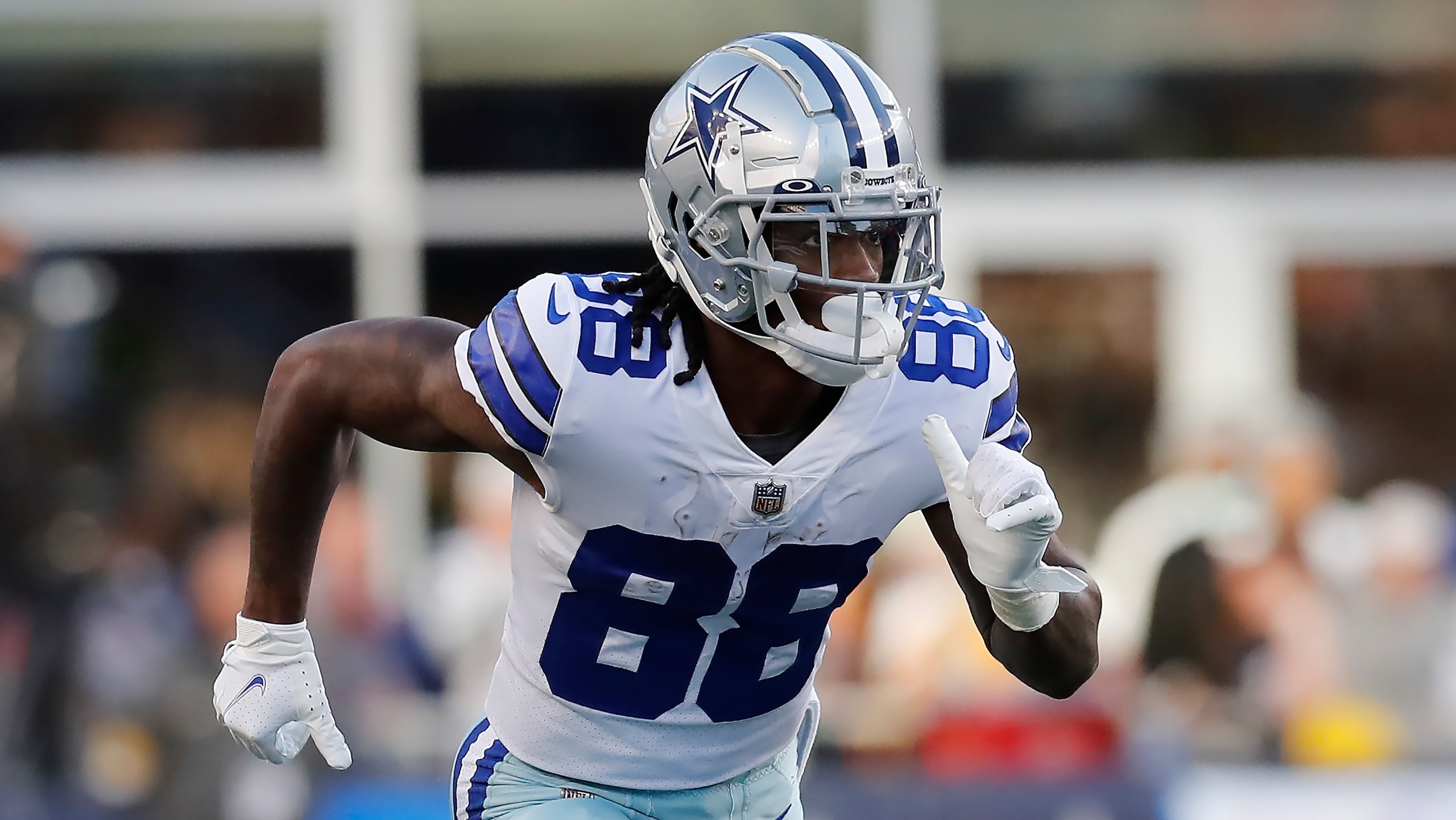 Dallas Cowboys wide receiver CeeDee Lamb (88) plays against the New England Patriots during the first half of an NFL football game, Sunday, Oct. 17, 2021, in Foxborough, Mass. (AP Photo/Michael Dwyer)
