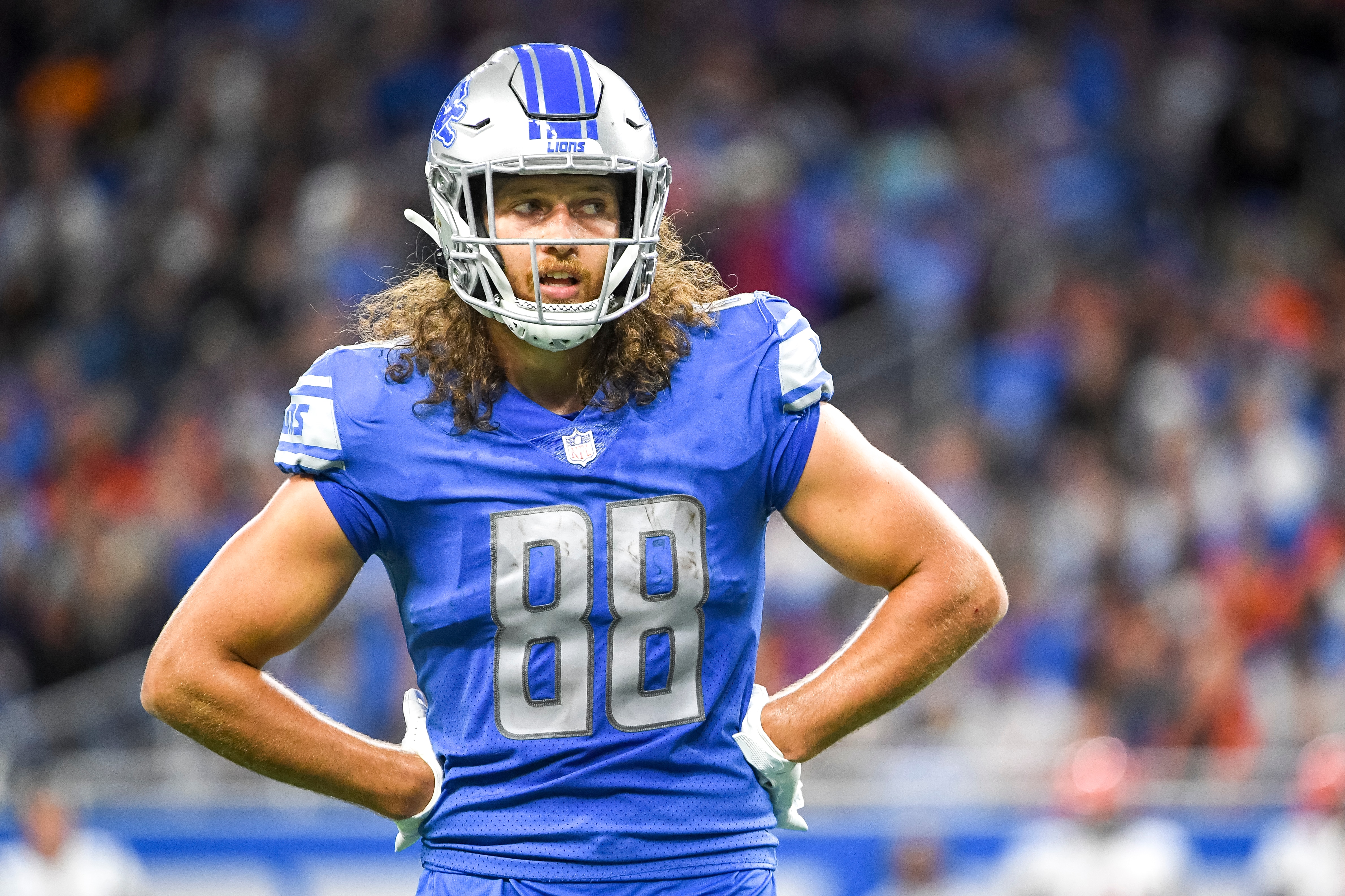 DETROIT, MICHIGAN - OCTOBER 17: T.J. Hockenson #88 of the Detroit Lions looks on against the Cincinnati Bengals during the second quarter at Ford Field on October 17, 2021 in Detroit, Michigan. (Photo by Nic Antaya/Getty Images)