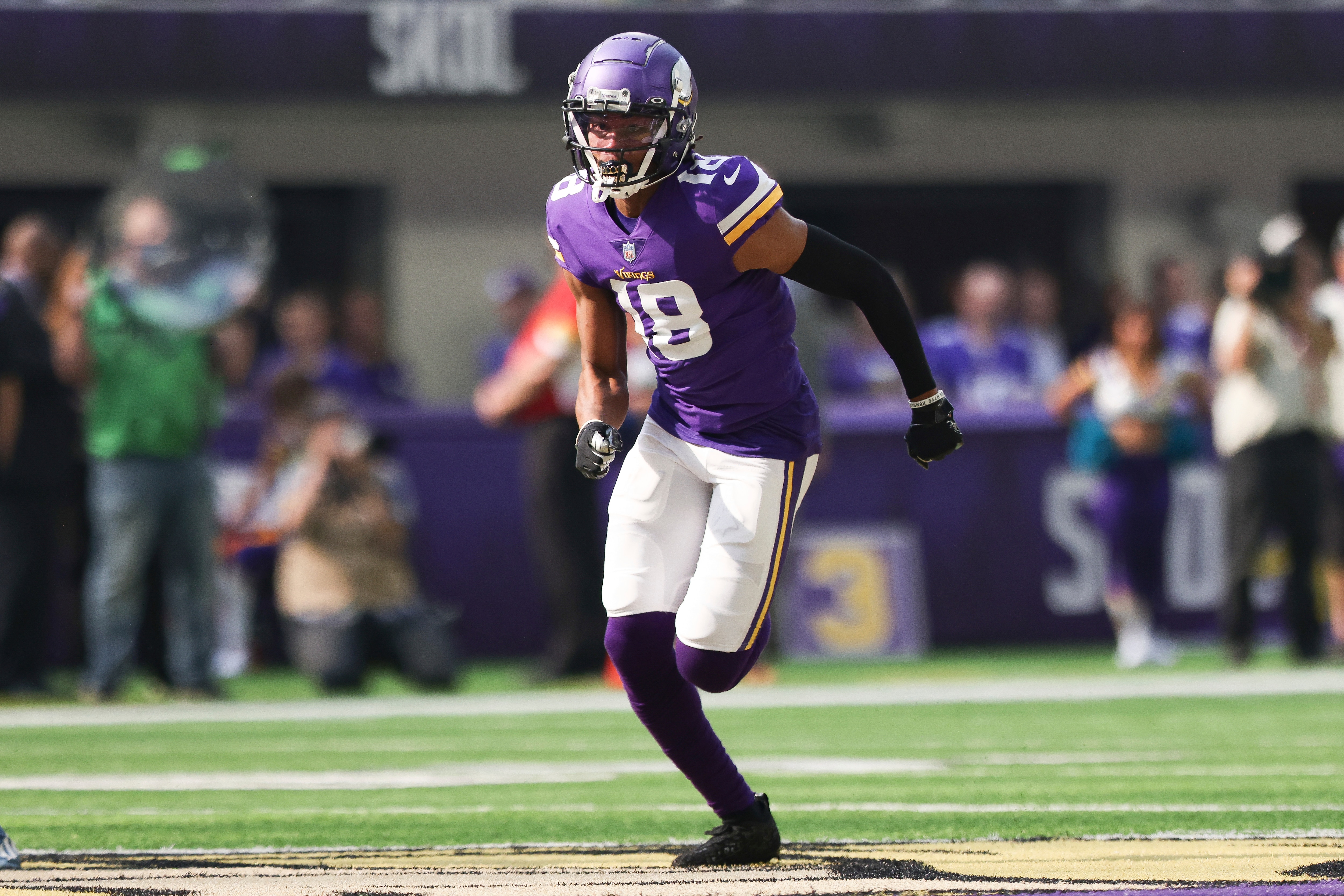 Minnesota Vikings wide receiver Justin Jefferson (18) in action during an NFL football game against the Detroit Lions, Sunday, Oct. 10, 2021 in Minneapolis. Minnesota won 19-17. (AP Photo/Stacy Bengs)