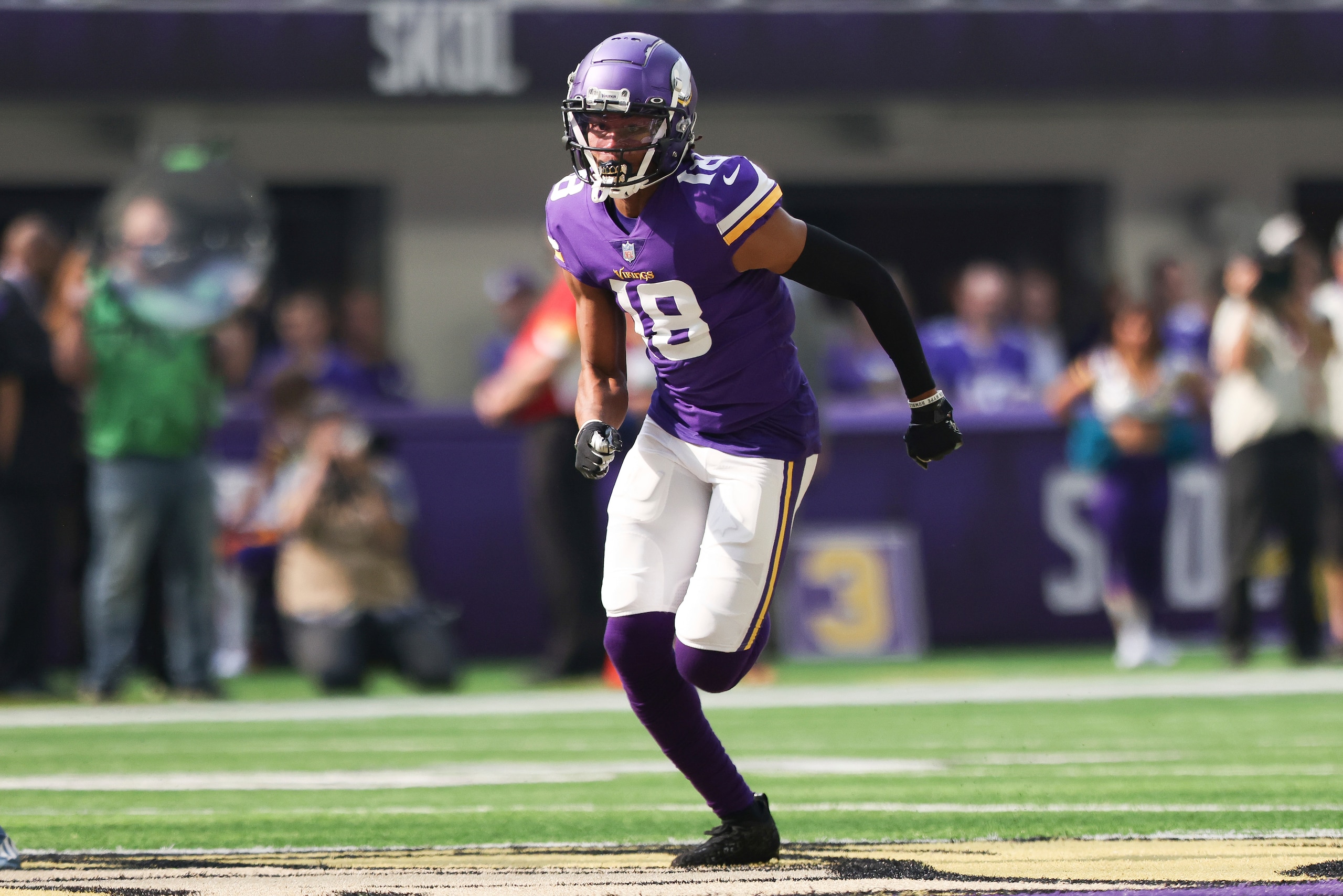 Minnesota Vikings wide receiver Justin Jefferson (18) in action during an NFL football game against the Detroit Lions, Sunday, Oct. 10, 2021 in Minneapolis. Minnesota won 19-17. (AP Photo/Stacy Bengs)