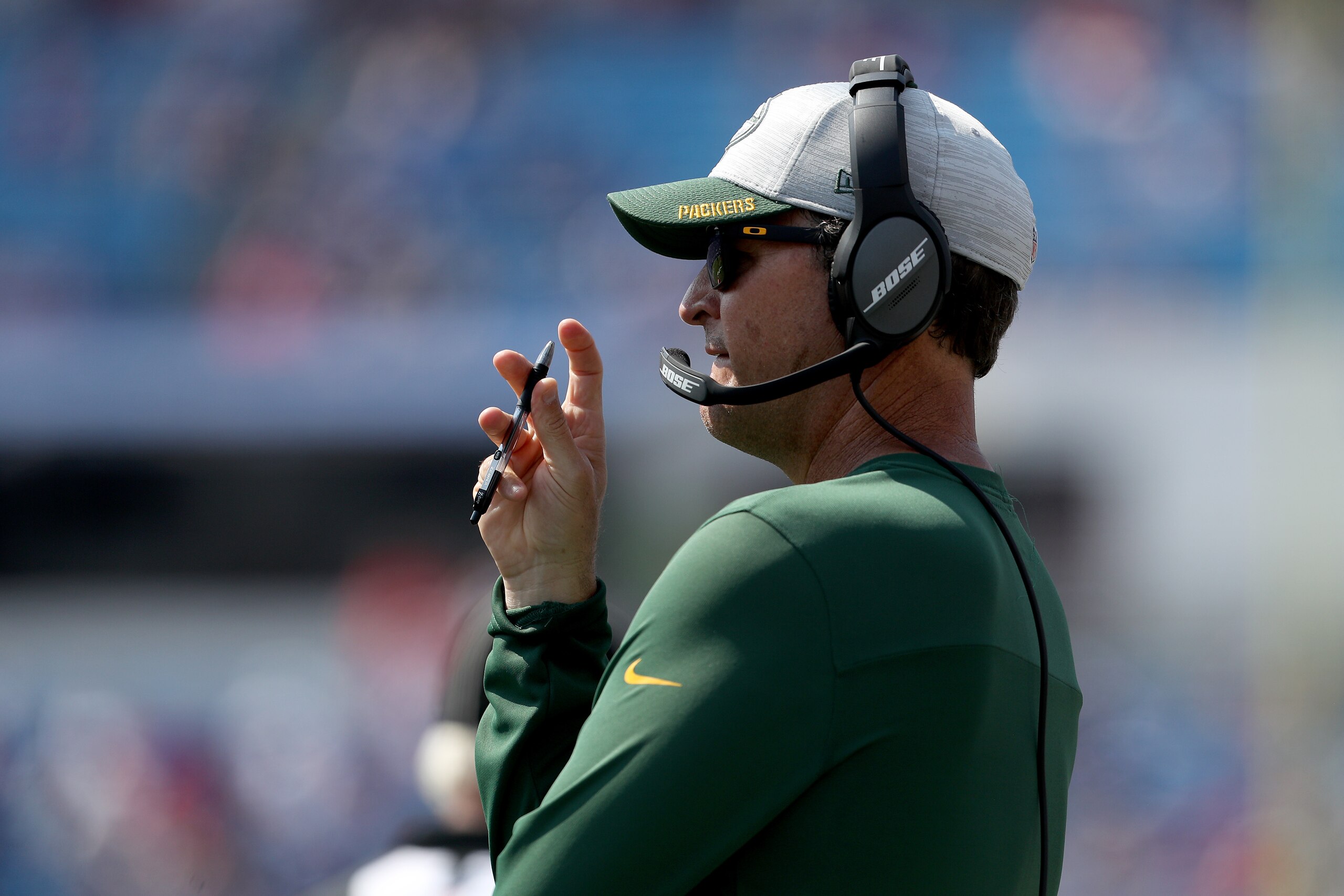ORCHARD PARK, NEW YORK - AUGUST 28:  Defensive Coordinator Joe Barry of the Green Bay Packers looks on during a game against the Buffalo Bills at Highmark Stadium on August 28, 2021 in Orchard Park, New York. (Photo by Bryan M. Bennett/Getty Images)