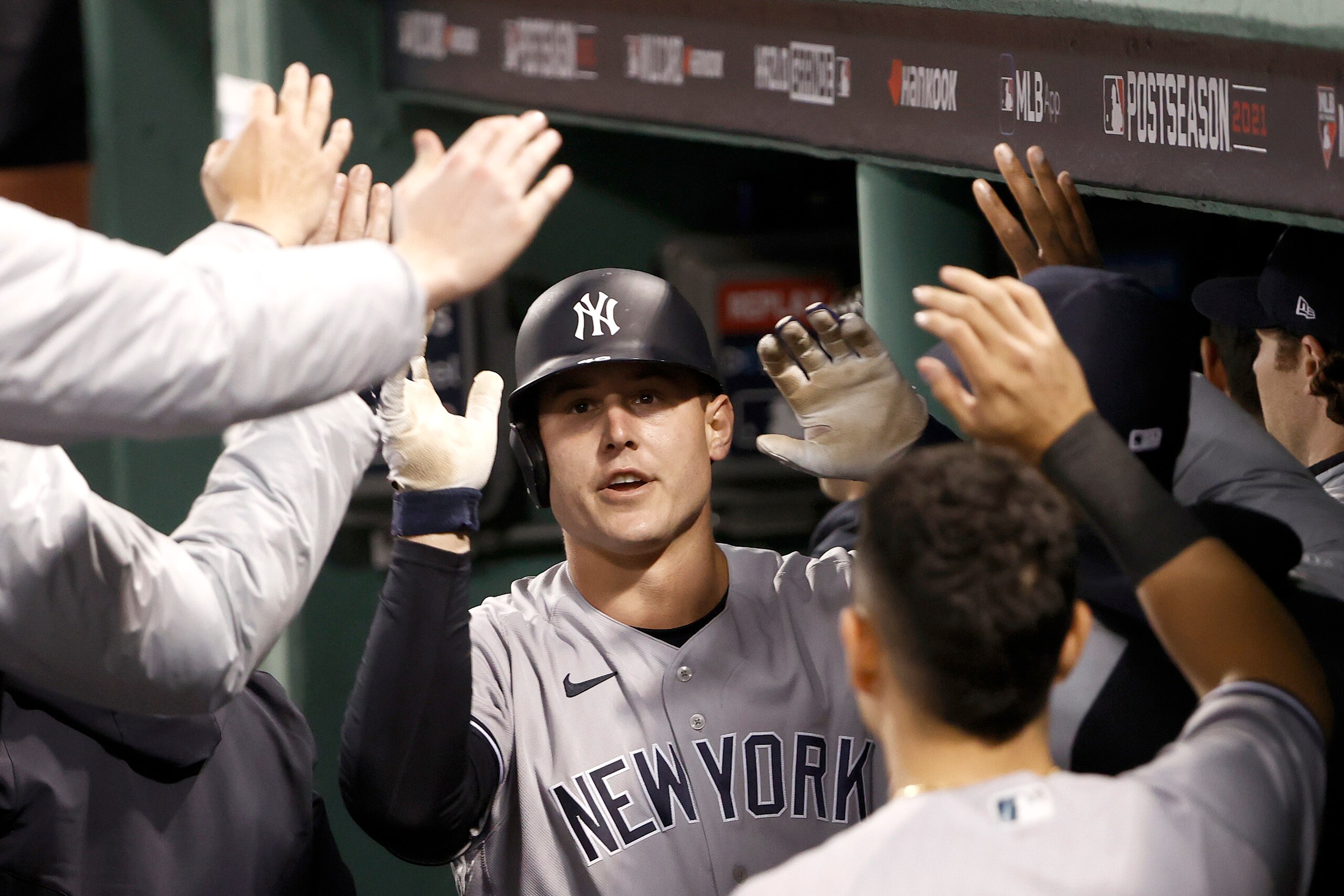 BOSTON, MASSACHUSETTS - OCTOBER 05: Anthony Rizzo #48 of the New York Yankees reacts after his home run against the Boston Red Sox during the sixth inning of the American League Wild Card game at Fenway Park on October 05, 2021 in Boston, Massachusetts. (Photo by Winslow Townson/Getty Images) BOSTON, MASSACHUSETTS - OCTOBER 05: Anthony Rizzo #48 of the New York Yankees reacts after his home run against the Boston Red Sox during the sixth inning of the American League Wild Card game at Fenway Park on October 05, 2021 in Boston, Massachusetts. (Photo by Winslow Townson/Getty Images)