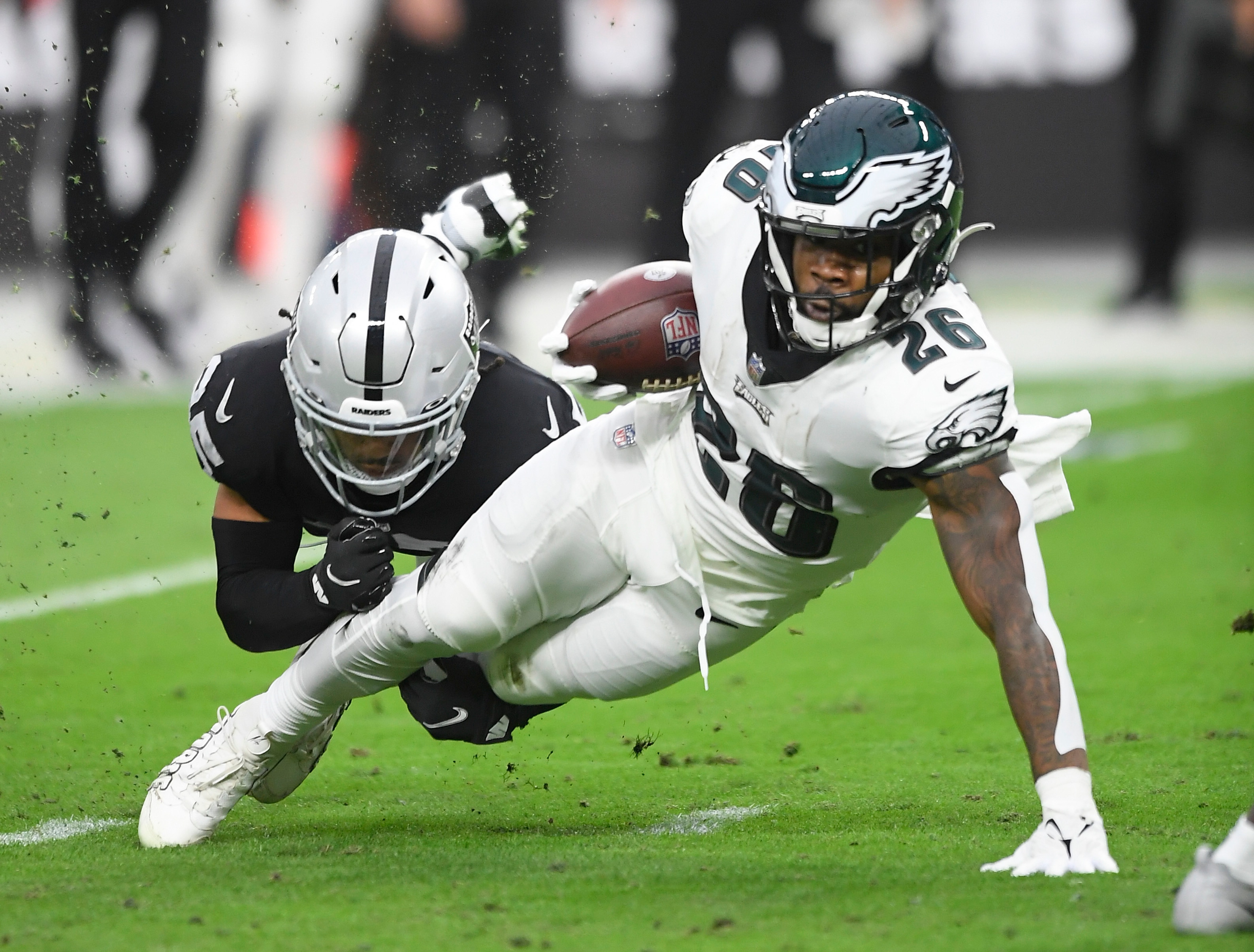 Philadelphia Eagles running back Miles Sanders (26) plays during an NFL football game against the Las Vegas Raiders Sunday October 24, 2021, in Las Vegas. (AP Photo/Denis Poroy)