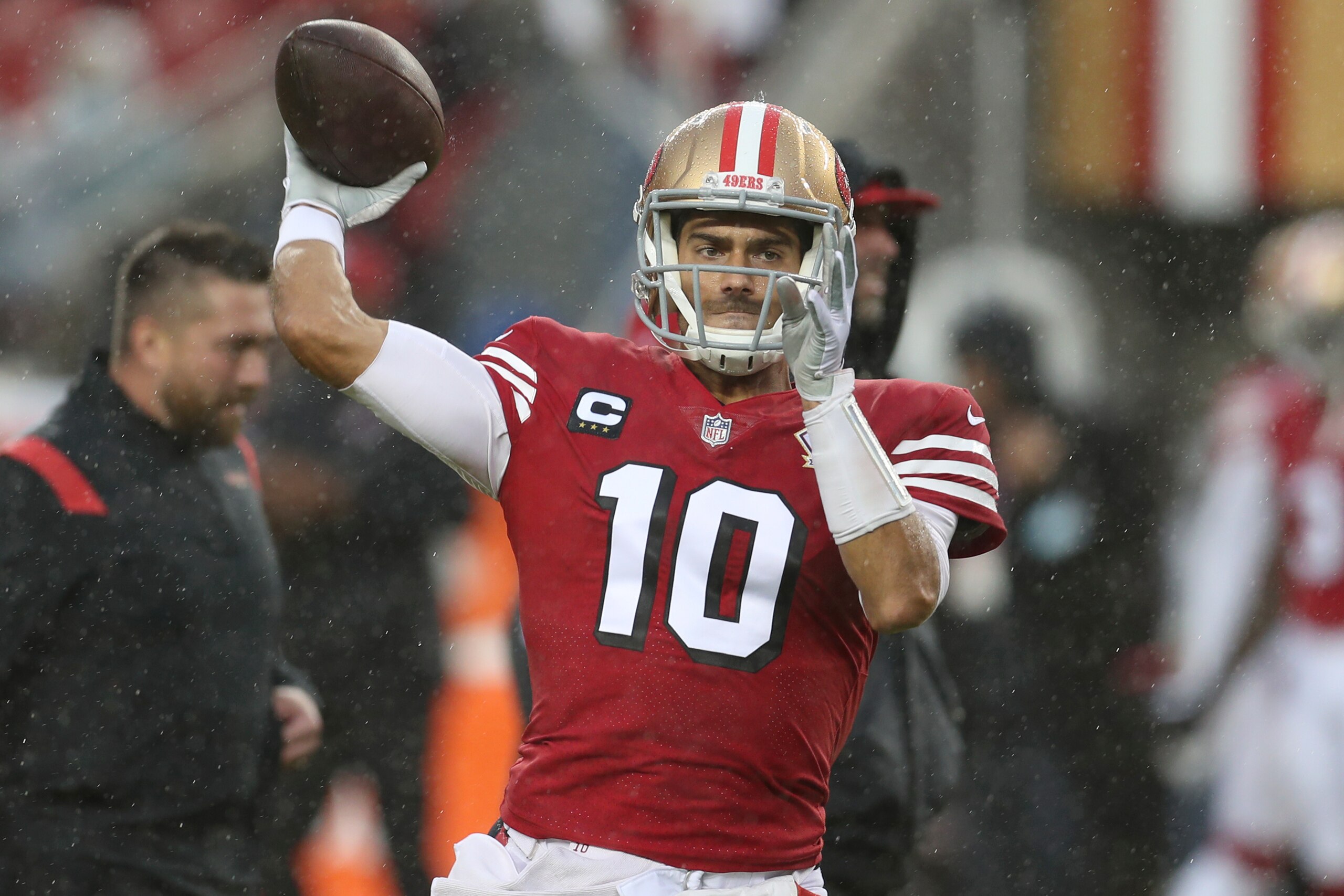 San Francisco 49ers quarterback Jimmy Garoppolo (10) warms up before an NFL football game against the Indianapolis Colts in Santa Clara, Calif., Sunday, Oct. 24, 2021. (AP Photo/Jed Jacobsohn)