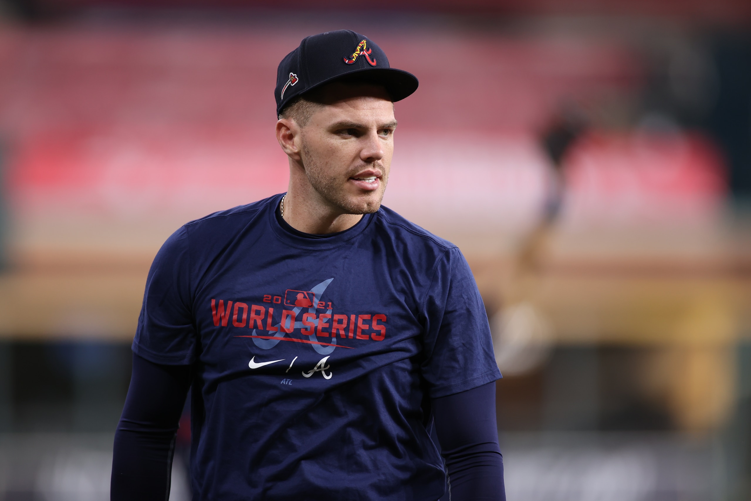 HOUSTON, TEXAS - OCTOBER 25: Freddie Freeman #5 of the Atlanta Braves participates in a workout prior to the start of the World Series against the Houston Astros at Minute Maid Park on October 25, 2021 in Houston, Texas. (Photo by Carmen Mandato/Getty Images) HOUSTON, TEXAS - OCTOBER 25: Freddie Freeman #5 of the Atlanta Braves participates in a workout prior to the start of the World Series against the Houston Astros at Minute Maid Park on October 25, 2021 in Houston, Texas. (Photo by Carmen Mandato/Getty Images)