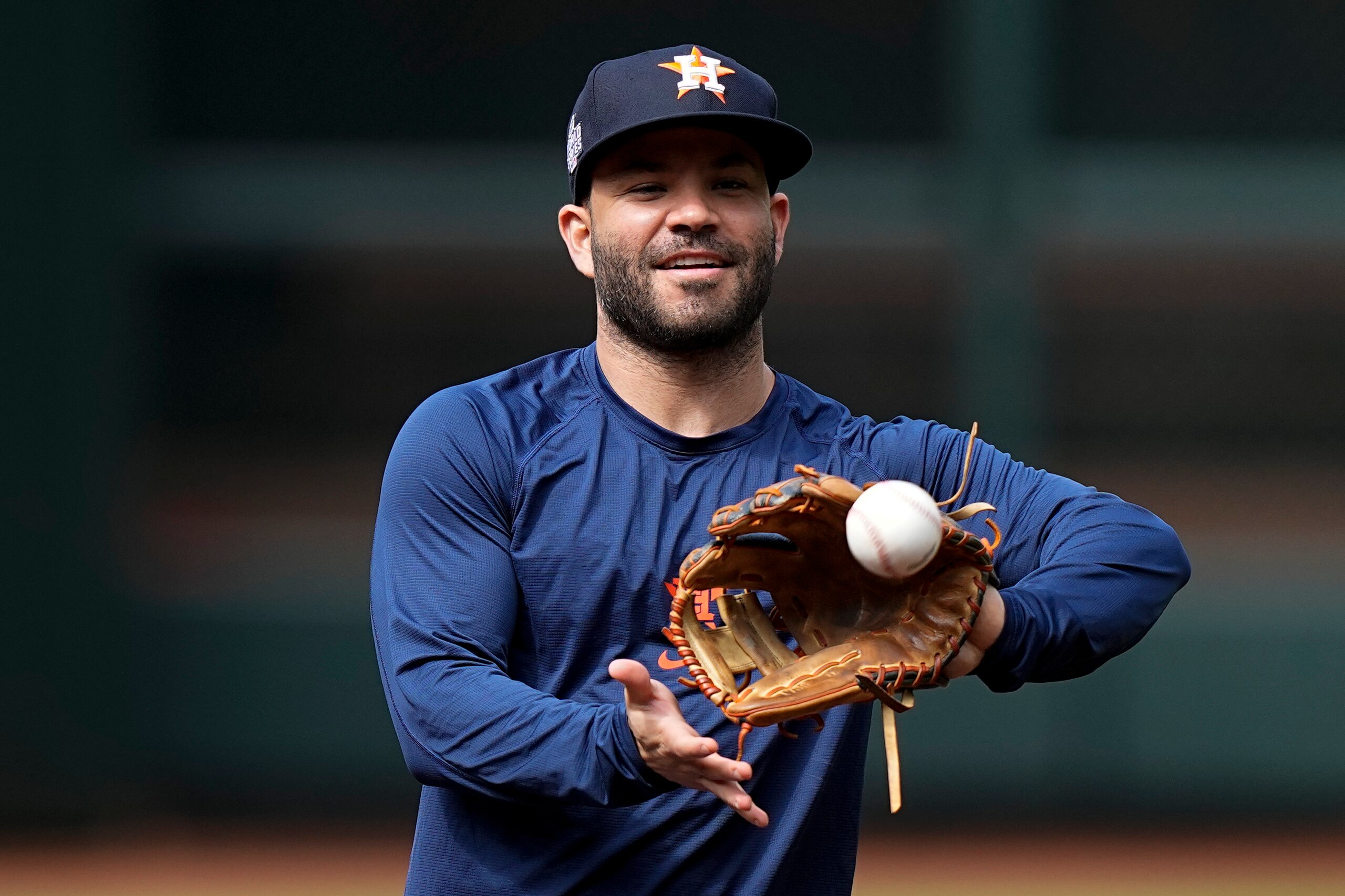 Houston Astros second baseman Jose Altuve warms up during batting practice Monday, Oct. 25, 2021, in Houston, in preparation for Game 1 of baseball's World Series tomorrow between the Houston Astros and the Boston Red Sox. (AP Photo/David J. Phillip) Houston Astros second baseman Jose Altuve warms up during batting practice Monday, Oct. 25, 2021, in Houston, in preparation for Game 1 of baseball's World Series tomorrow between the Houston Astros and the Boston Red Sox. (AP Photo/David J. Phillip)