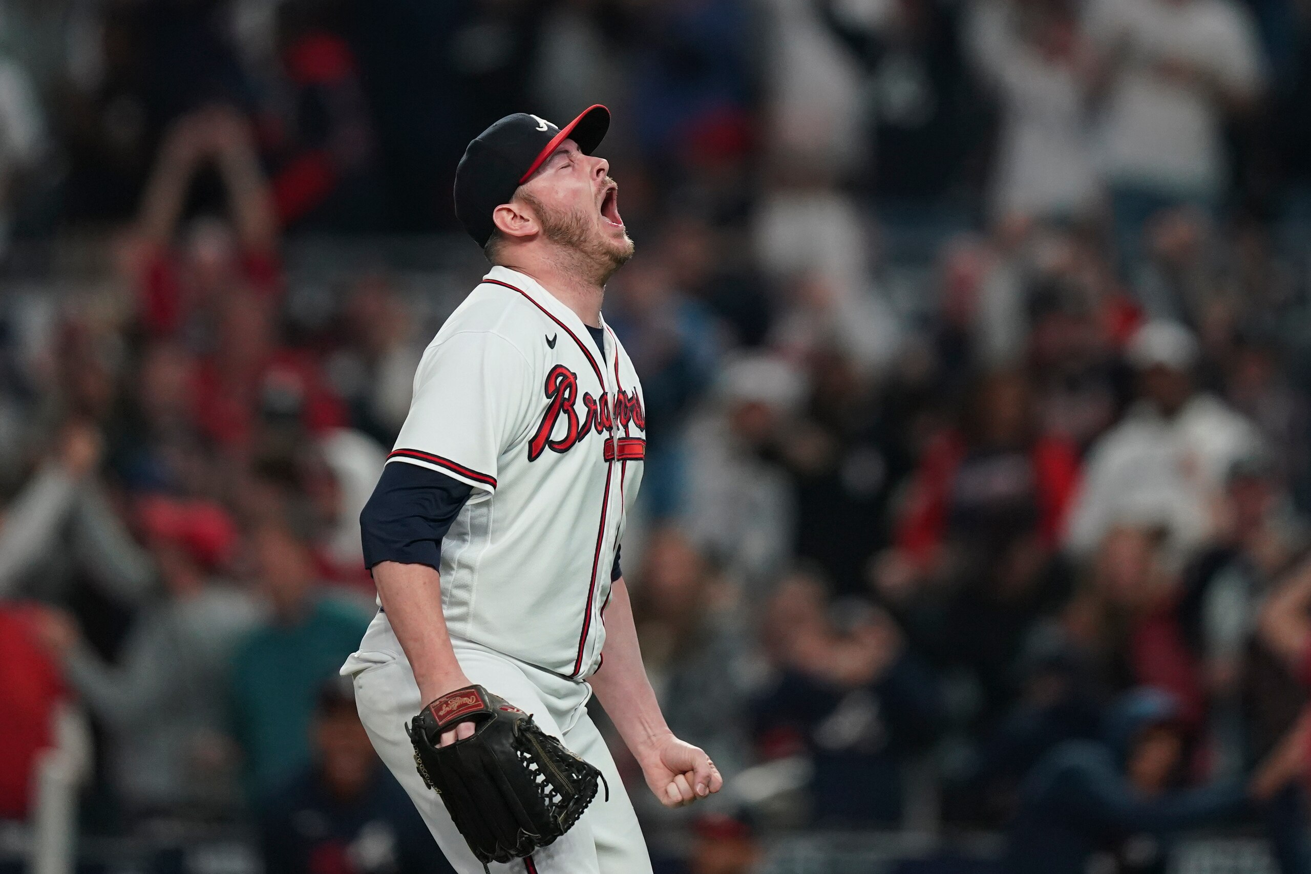 Atlanta Braves pitcher Tyler Matzek reacts after striking out Los Angeles Dodgers' Mookie Betts to end the seventh inning in Game 6 of baseball's National League Championship Series Saturday, Oct. 23, 2021, in Atlanta. (AP Photo/Brynn Anderson) Atlanta Braves pitcher Tyler Matzek reacts after striking out Los Angeles Dodgers' Mookie Betts to end the seventh inning in Game 6 of baseball's National League Championship Series Saturday, Oct. 23, 2021, in Atlanta. (AP Photo/Brynn Anderson)