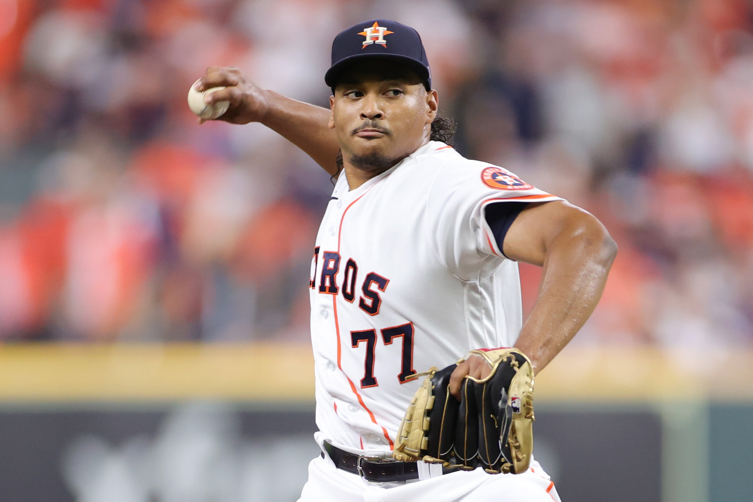 HOUSTON, TEXAS - OCTOBER 22: Luis Garcia #77 of the Houston Astros delivers a pitch against the Boston Red Sox during the first inning in Game Six of the American League Championship Series at Minute Maid Park on October 22, 2021 in Houston, Texas. (Photo by Carmen Mandato/Getty Images) HOUSTON, TEXAS - OCTOBER 22: Luis Garcia #77 of the Houston Astros delivers a pitch against the Boston Red Sox during the first inning in Game Six of the American League Championship Series at Minute Maid Park on October 22, 2021 in Houston, Texas. (Photo by Carmen Mandato/Getty Images)