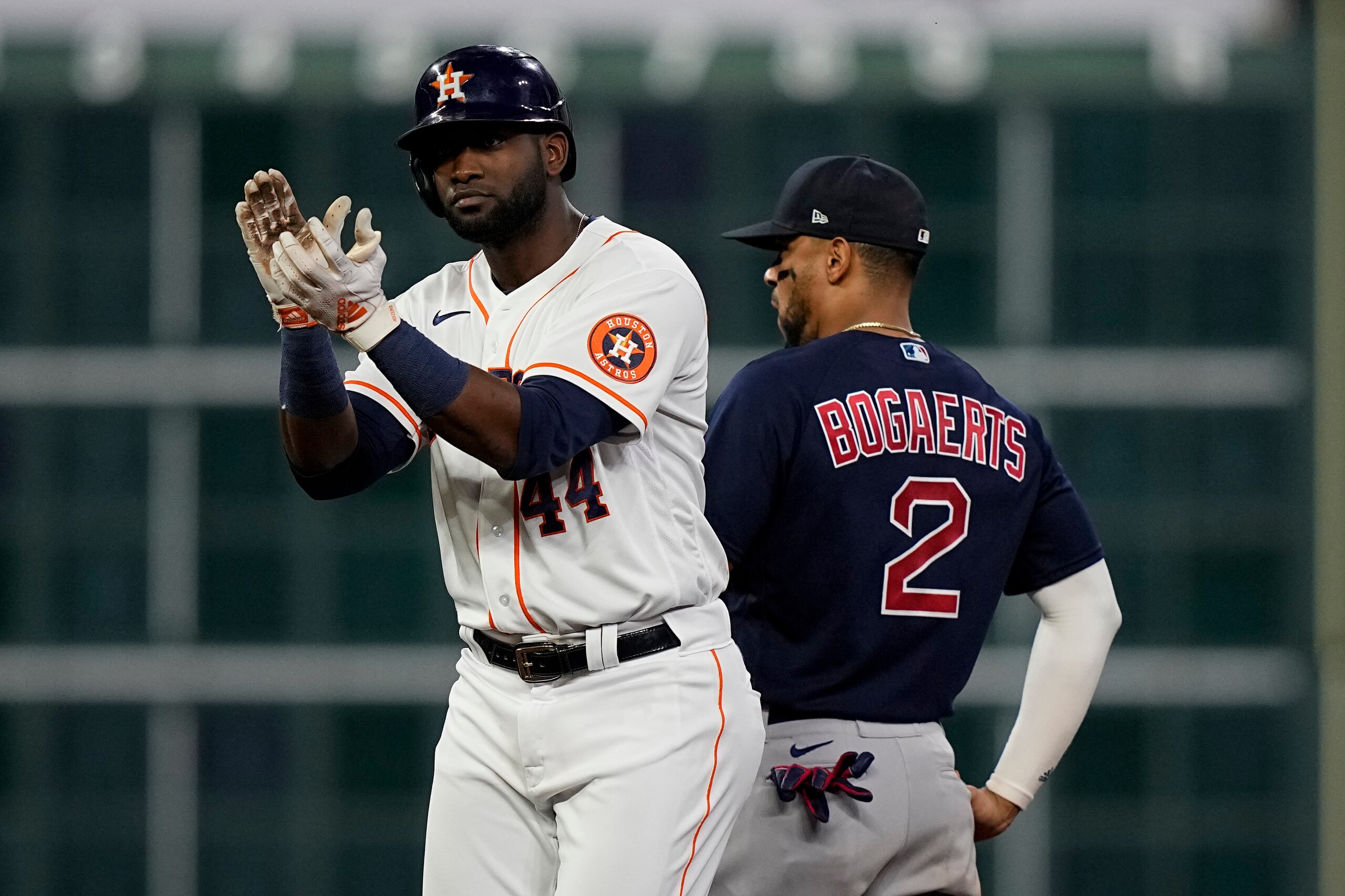 Houston Astros' Yordan Alvarez celebrates after s double against the Boston Red Sox during the fourth inning in Game 6 of baseball's American League Championship Series Friday, Oct. 22, 2021, in Houston. (AP Photo/David J. Phillip) Houston Astros' Yordan Alvarez celebrates after s double against the Boston Red Sox during the fourth inning in Game 6 of baseball's American League Championship Series Friday, Oct. 22, 2021, in Houston. (AP Photo/David J. Phillip)