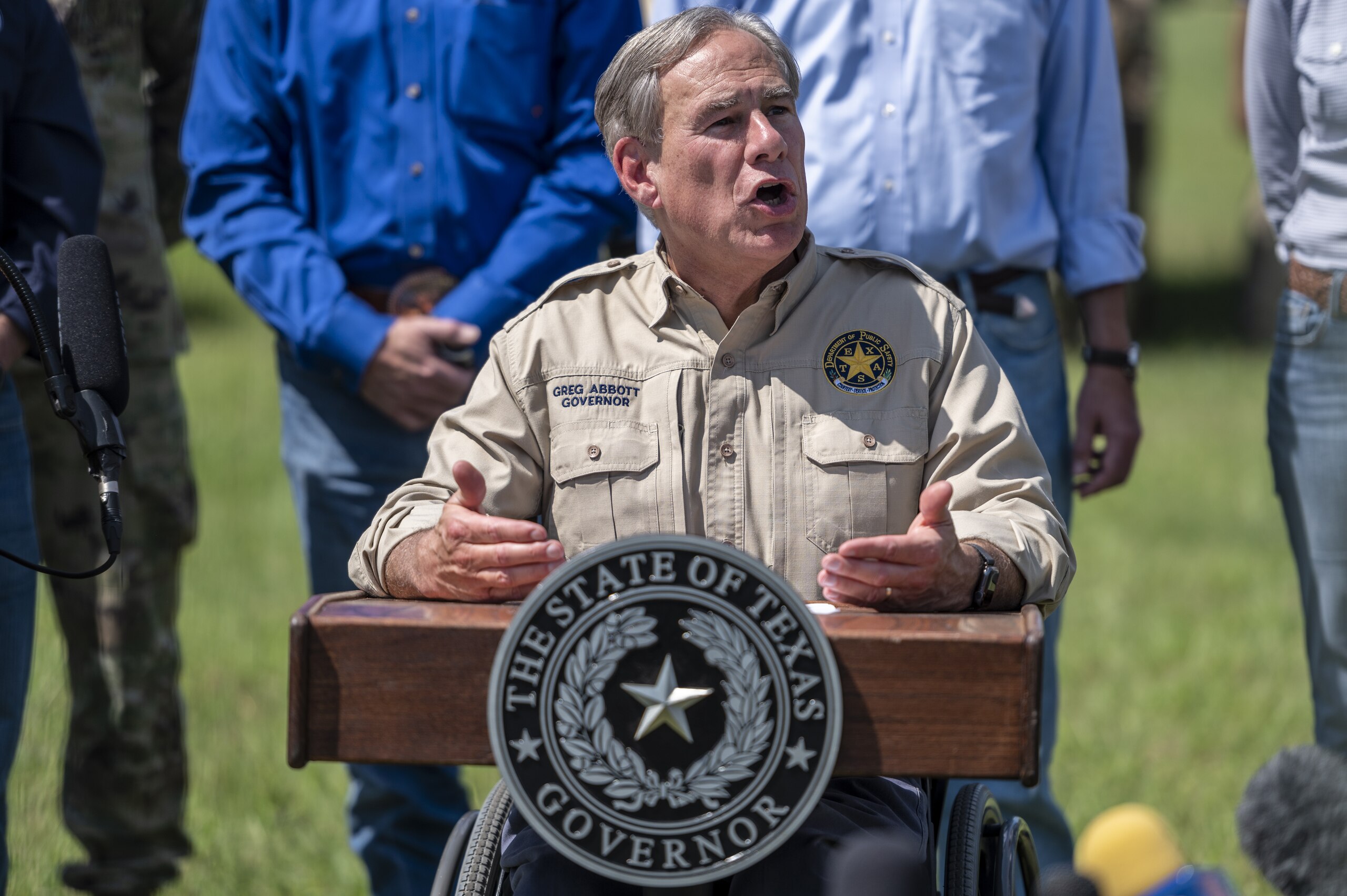 Greg Abbott, governor of Texas, speaks during a news conference in Mission, Texas, U.S., on Wednesday, Oct. 6, 2021. Abbott and Republican state chief executives from around the nation gathered at the border to again call attention to unauthorized immigration across the Rio Grande. Photographer: Sergio Flores/Bloomberg via Getty Images