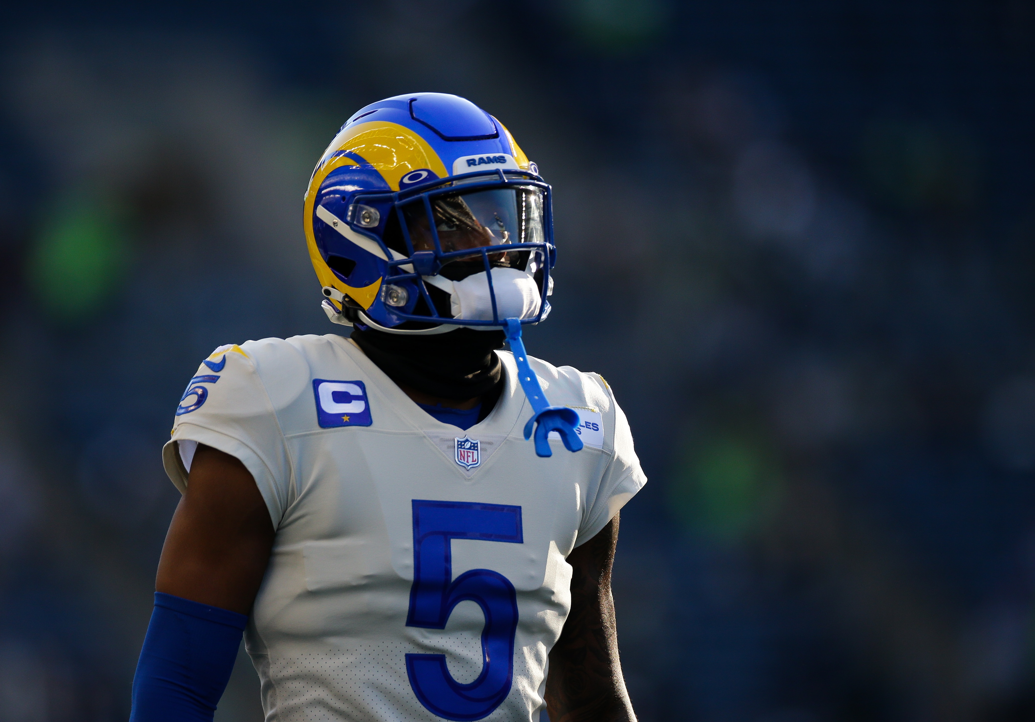 SEATTLE, WA - OCTOBER 07:  Cornerback Jalen Ramsey #5 of the Los Angeles Rams warms up before the game against the Seattle Seahawks at Lumen Field on October 7, 2021 in Seattle, Washington. (Photo by Lindsey Wasson/Getty Images)