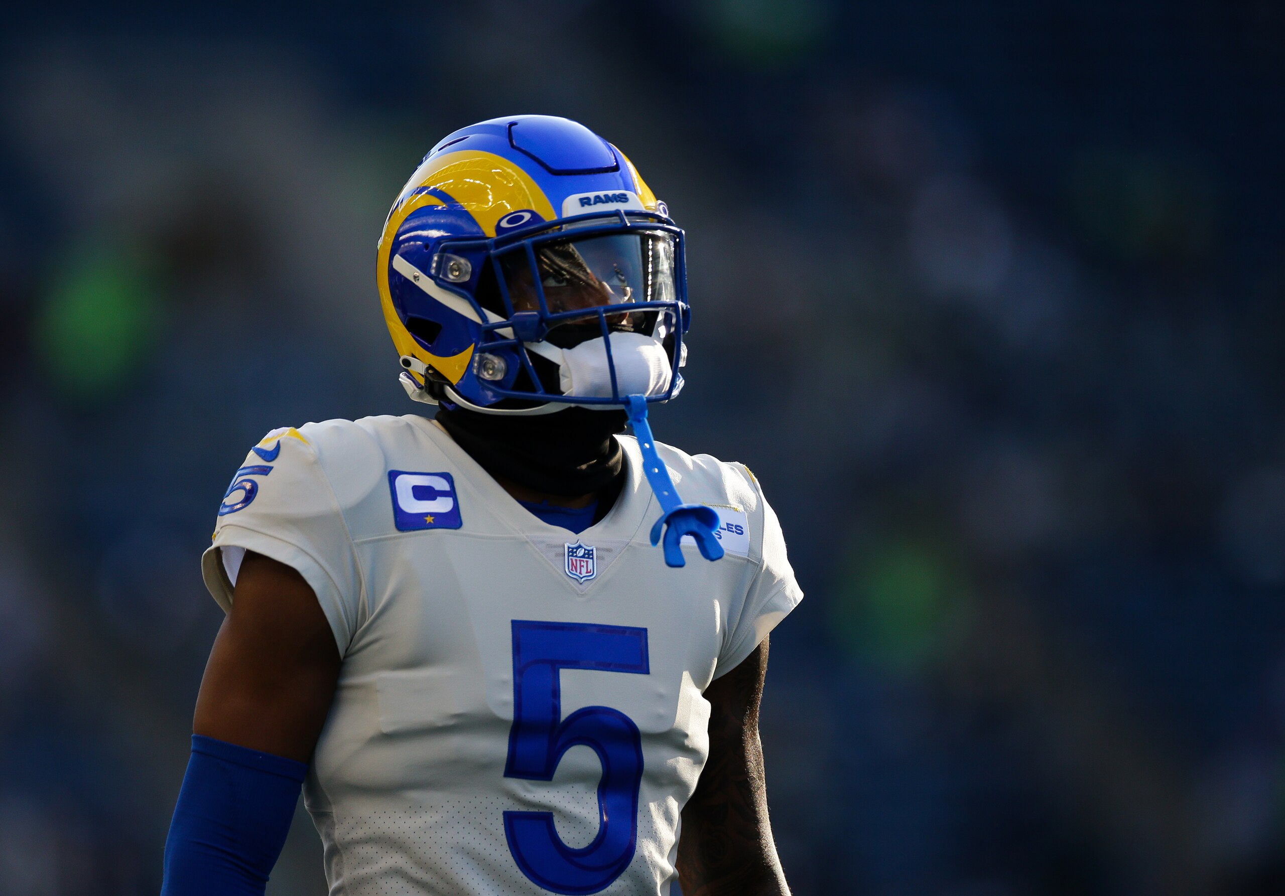 SEATTLE, WA - OCTOBER 07:  Cornerback Jalen Ramsey #5 of the Los Angeles Rams warms up before the game against the Seattle Seahawks at Lumen Field on October 7, 2021 in Seattle, Washington. (Photo by Lindsey Wasson/Getty Images)