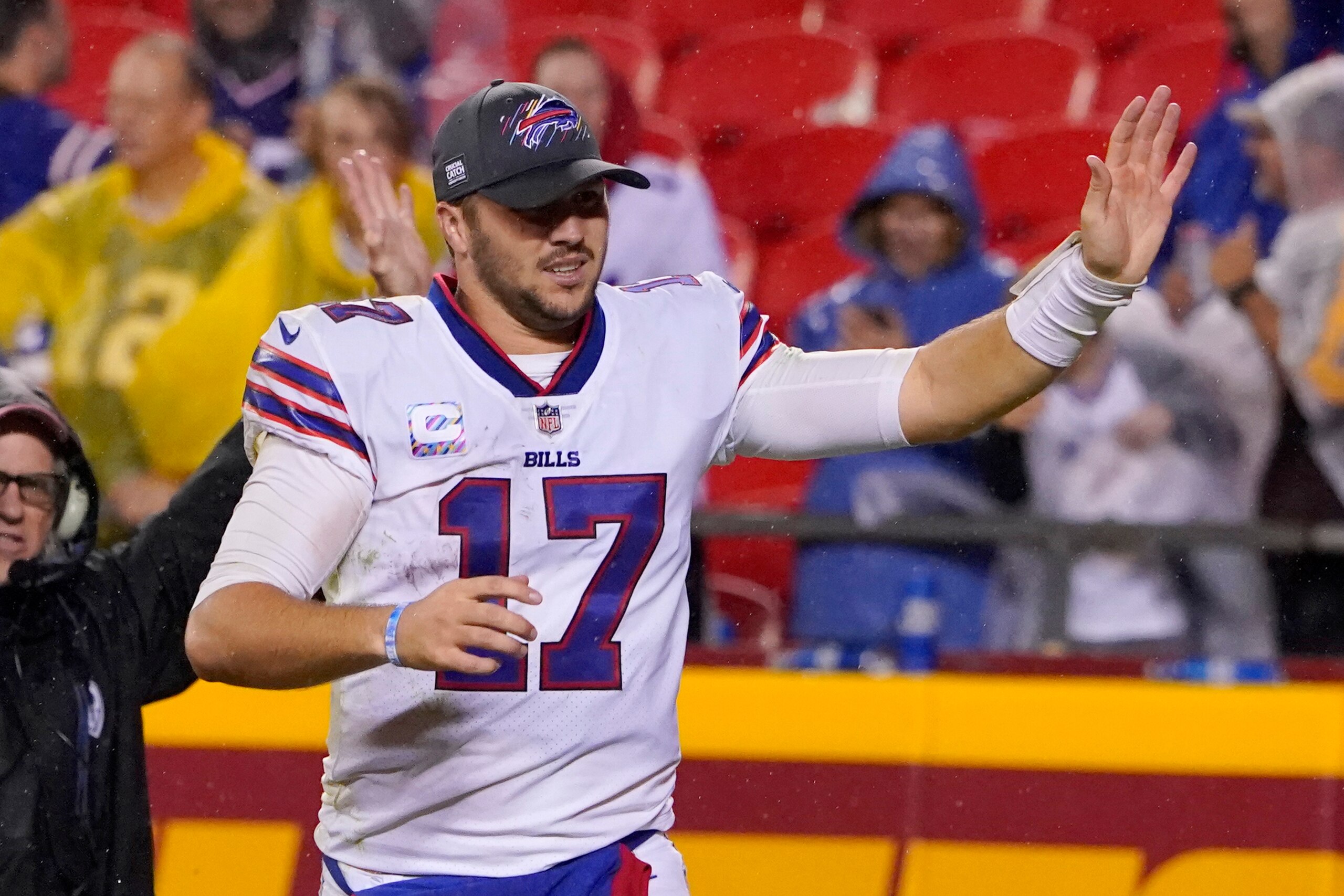 Buffalo Bills quarterback Josh Allen celebrates as he runs off the field following an NFL football game against the Kansas City Chiefs Sunday, Oct. 10, 2021, in Kansas City, Mo. (AP Photo/Ed Zurga)