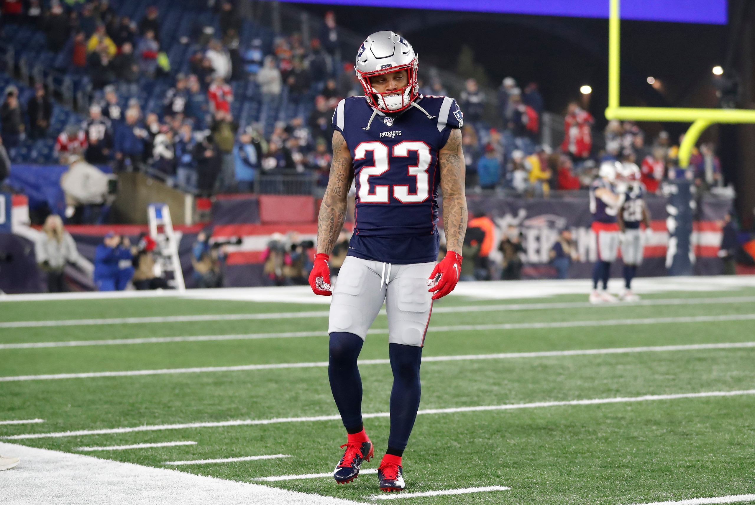 FOXBOROUGH, MA - JANUARY 04: New England Patriots safety Patrick Chung (23) before an AFC Wild Card game between the New England Patriots and the Tennessee Titans on January 4, 2020, at Gillette Stadium in Foxborough, Massachusetts. (Photo by Fred Kfoury III/Icon Sportswire via Getty Images)
