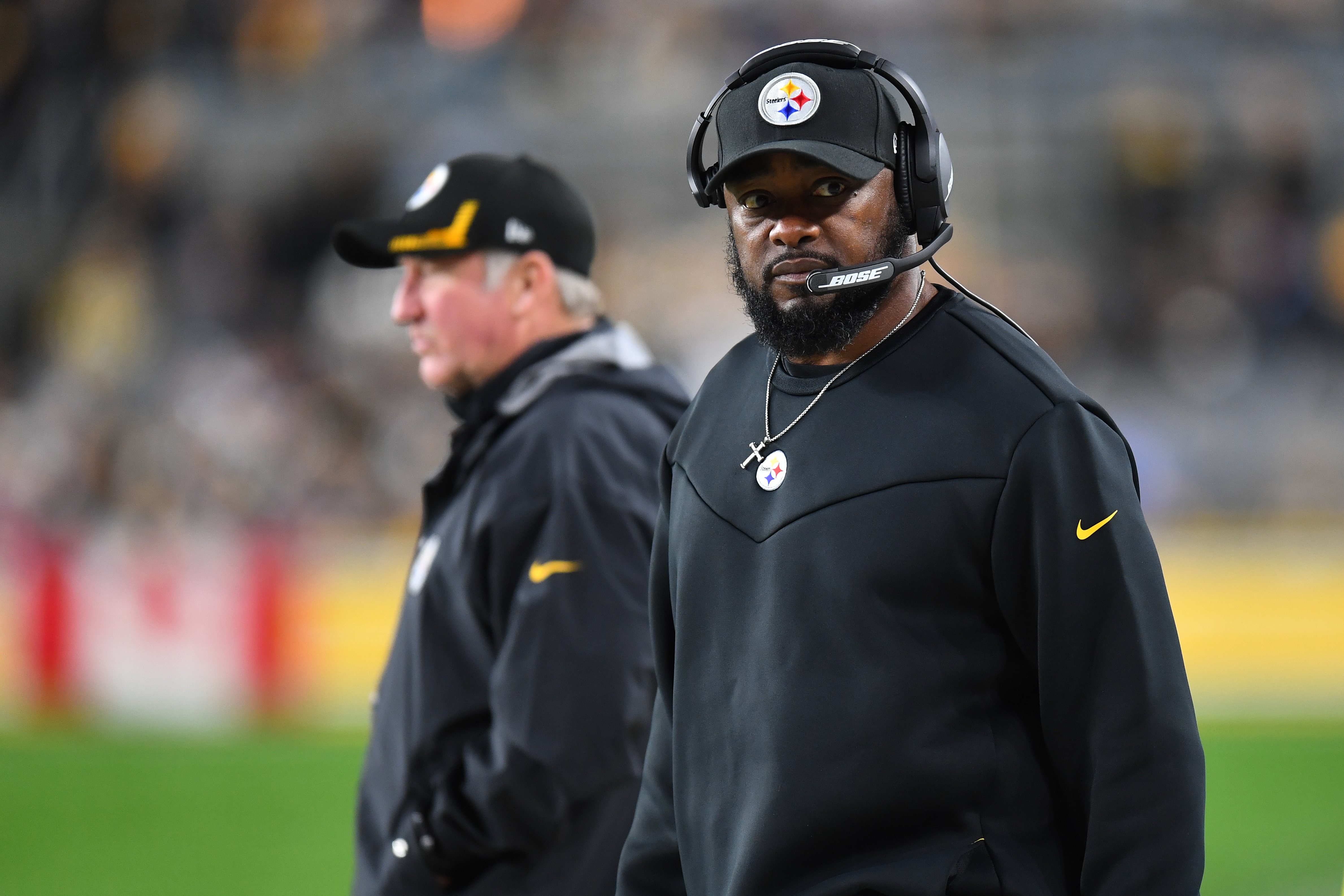 PITTSBURGH, PENNSYLVANIA - OCTOBER 17: Head coach Mike Tomlin of the Pittsburgh Steelers looks on during the second quarter  against the Seattle Seahawks at Heinz Field on October 17, 2021 in Pittsburgh, Pennsylvania. (Photo by Joe Sargent/Getty Images)