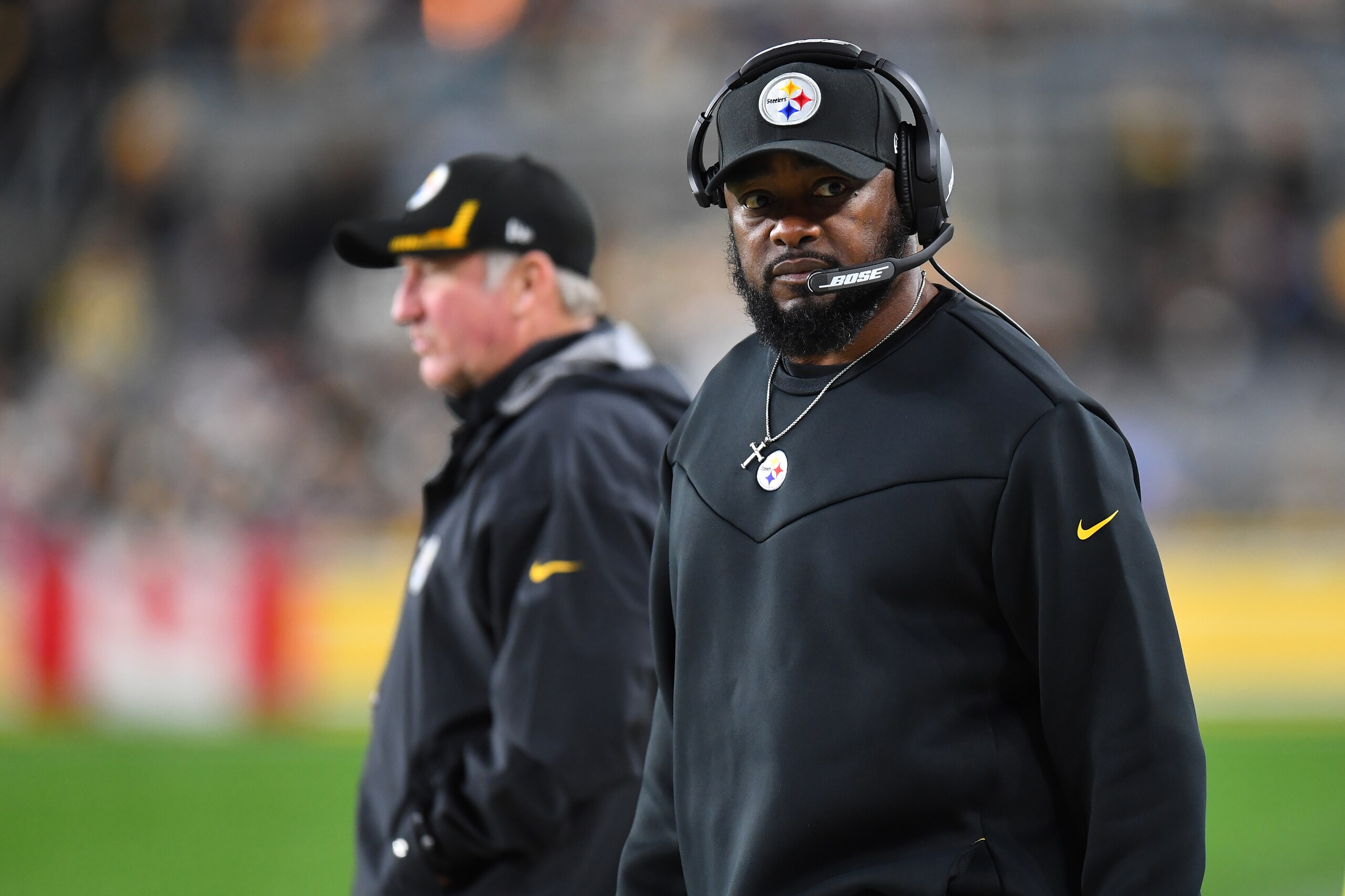PITTSBURGH, PENNSYLVANIA - OCTOBER 17: Head coach Mike Tomlin of the Pittsburgh Steelers looks on during the second quarter against the Seattle Seahawks at Heinz Field on October 17, 2021 in Pittsburgh, Pennsylvania. (Photo by Joe Sargent/Getty Images) PITTSBURGH, PENNSYLVANIA - OCTOBER 17: Head coach Mike Tomlin of the Pittsburgh Steelers looks on during the second quarter against the Seattle Seahawks at Heinz Field on October 17, 2021 in Pittsburgh, Pennsylvania. (Photo by Joe Sargent/Getty Images)