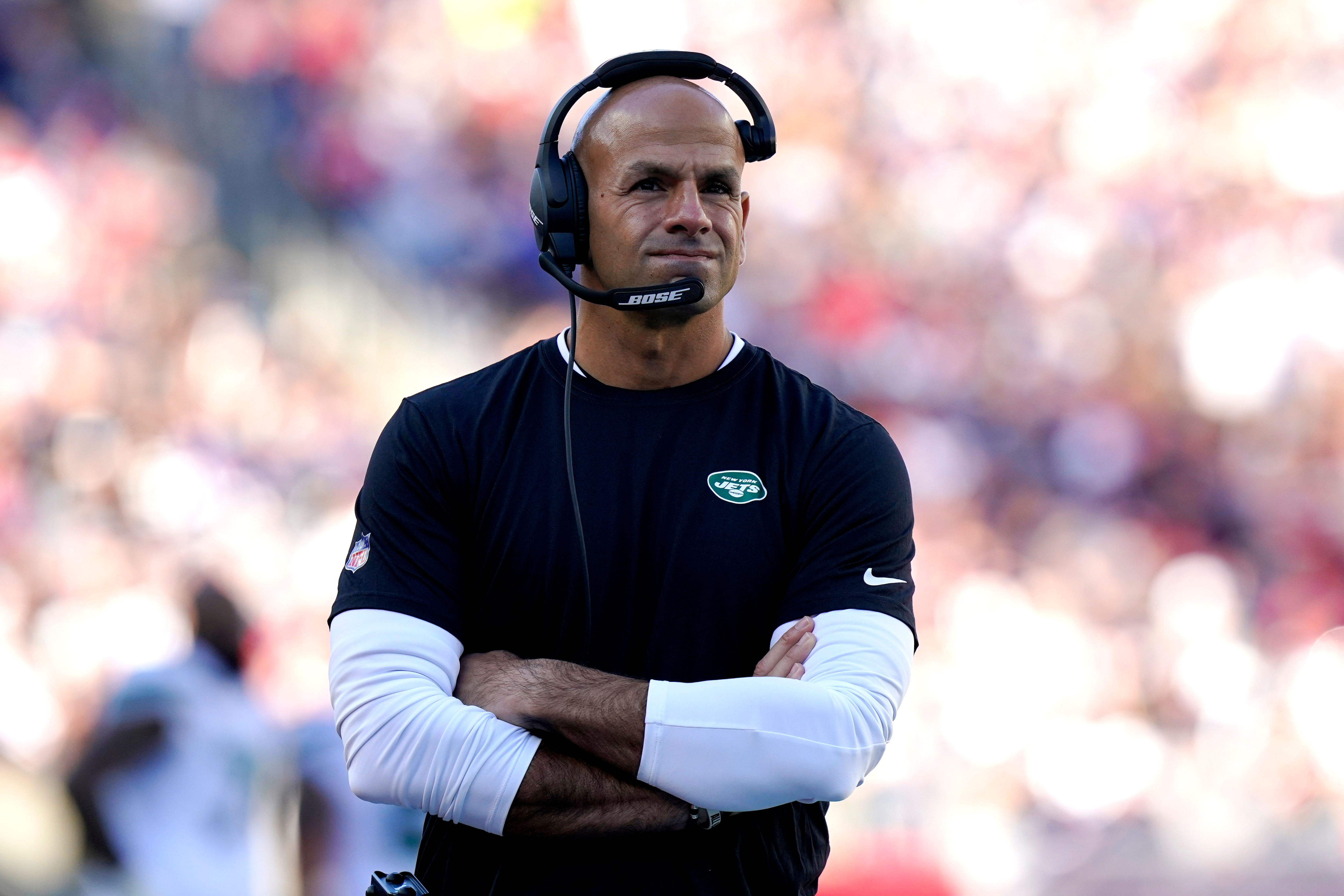 New York Jets head coach Robert Saleh during the second half of an NFL football game, Sunday, Oct. 24, 2021, in Foxborough, Mass. (AP Photo/Steven Senne)