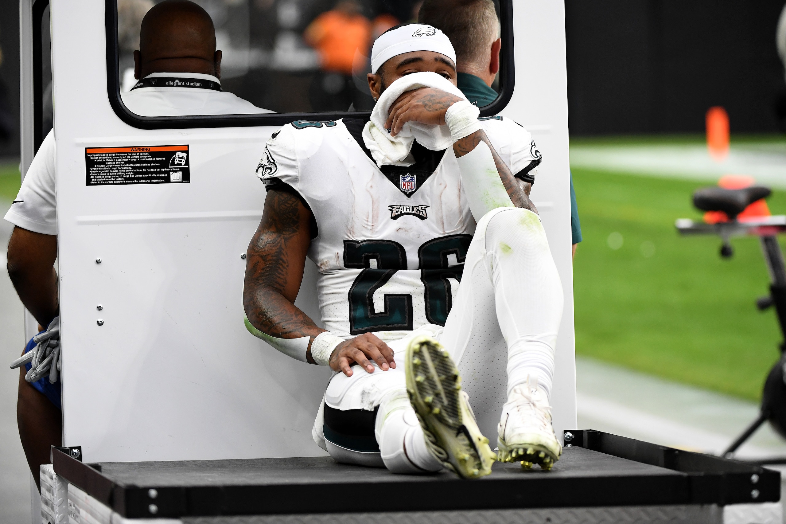 LAS VEGAS, NEVADA - OCTOBER 24: Miles Sanders #26 of the Philadelphia Eagles is carted off the field in the game against the Las Vegas Raiders at Allegiant Stadium on October 24, 2021 in Las Vegas, Nevada. (Photo by Sam Morris/Getty Images)