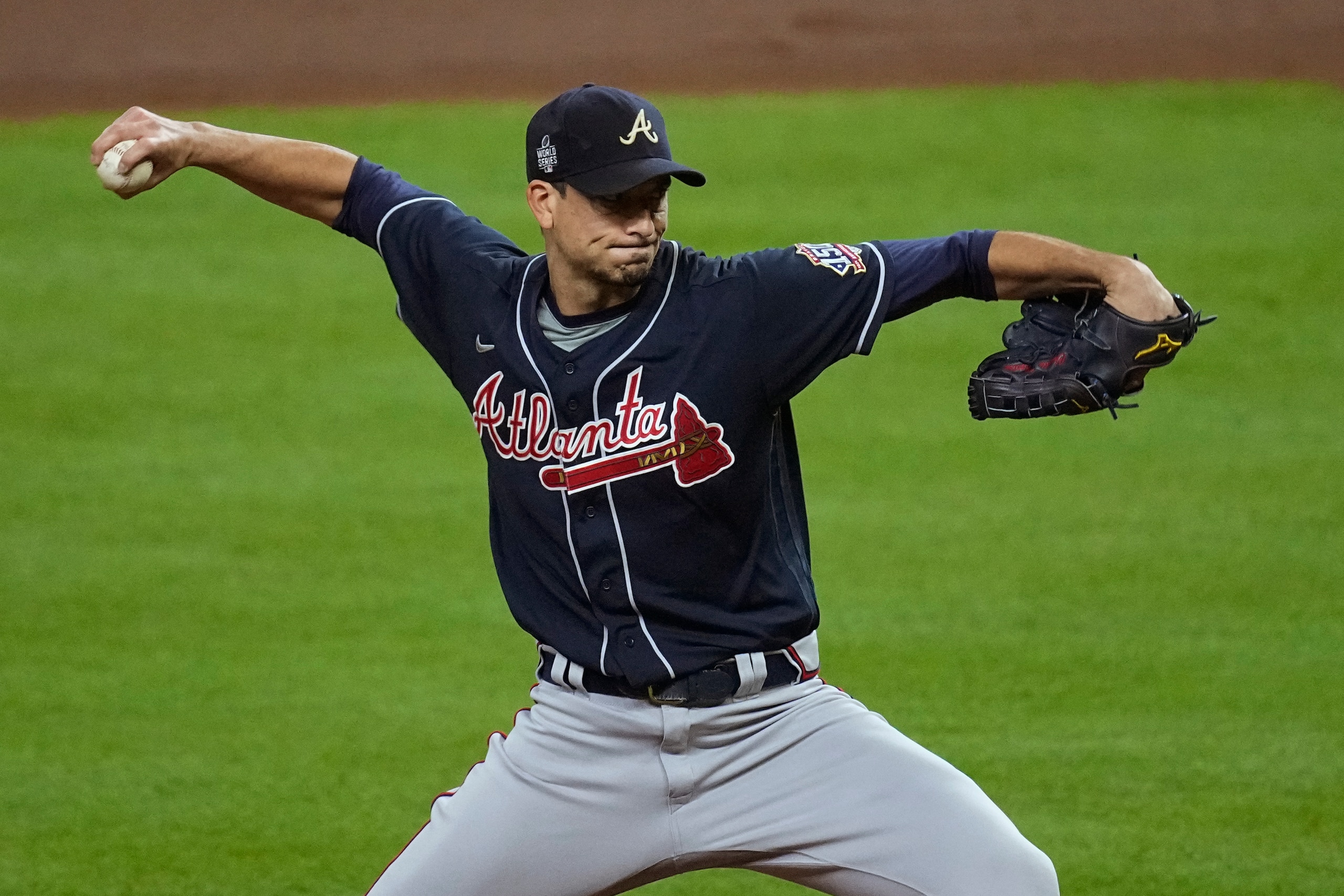 Atlanta Braves starting pitcher Charlie Morton throws during the first inning of Game 1 in baseball's World Series between the Houston Astros and the Atlanta Braves Tuesday, Oct. 26, 2021, in Houston. (AP Photo/Eric Gay) Atlanta Braves starting pitcher Charlie Morton throws during the first inning of Game 1 in baseball's World Series between the Houston Astros and the Atlanta Braves Tuesday, Oct. 26, 2021, in Houston. (AP Photo/Eric Gay)