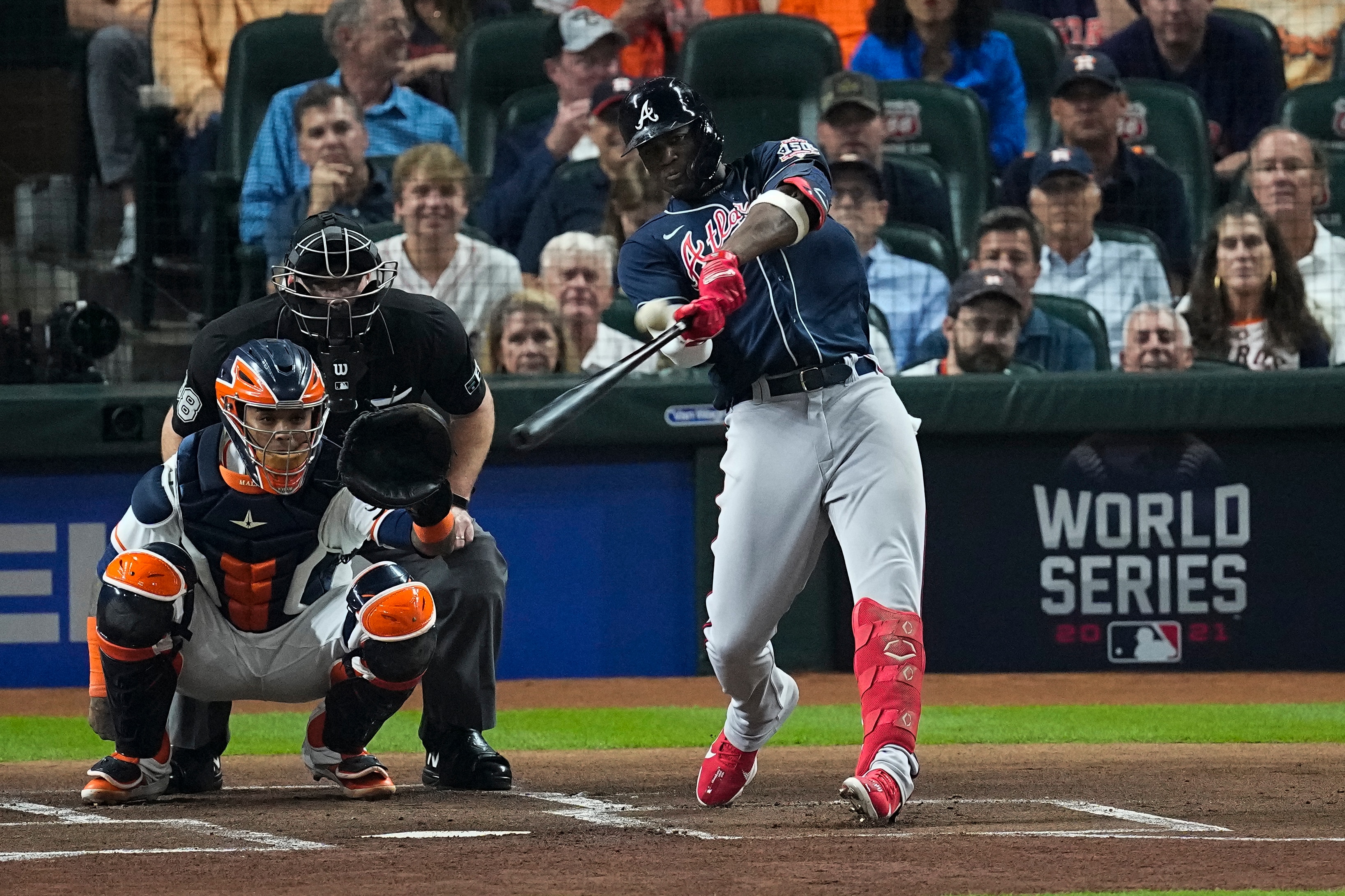 Atlanta Braves' Jorge Soler runs a home run during the first inning of Game 1 in baseball's World Series between the Houston Astros and the Atlanta Braves Tuesday, Oct. 26, 2021, in Houston. (AP Photo/Sue Ogrocki)