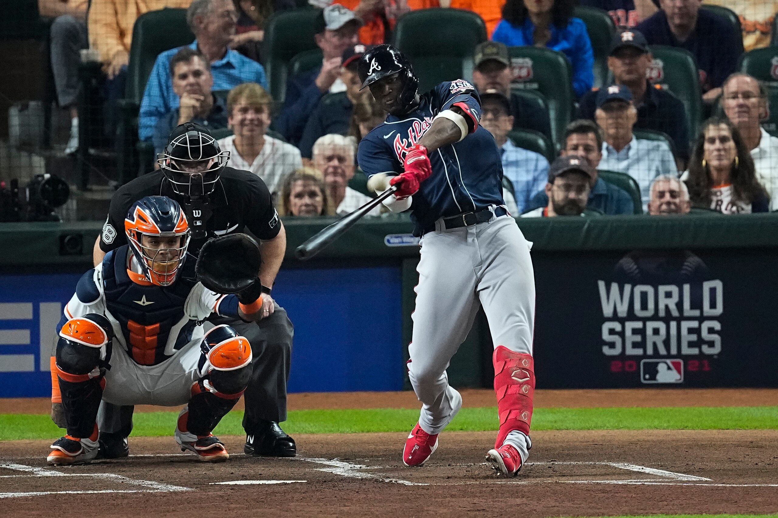 Atlanta Braves' Jorge Soler runs a home run during the first inning of Game 1 in baseball's World Series between the Houston Astros and the Atlanta Braves Tuesday, Oct. 26, 2021, in Houston. (AP Photo/Sue Ogrocki)