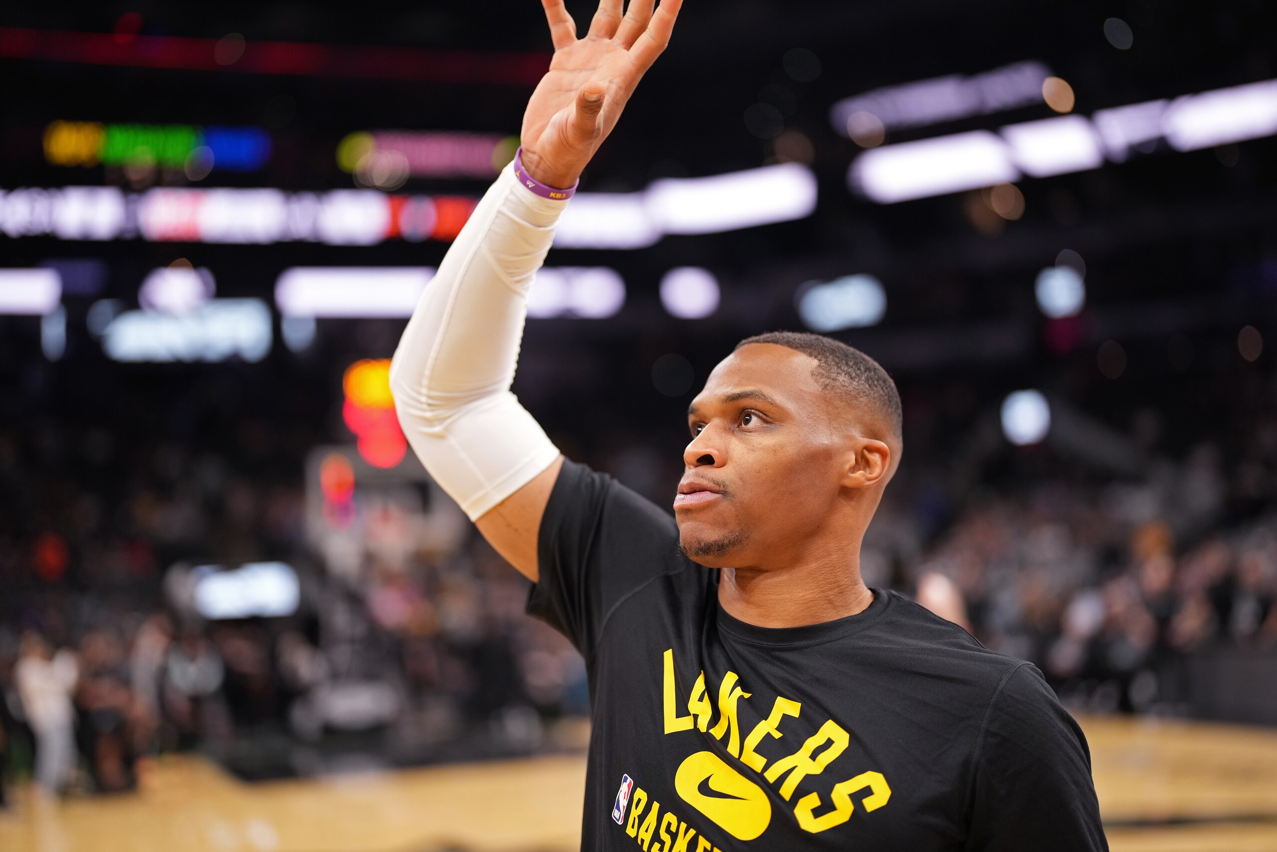 SAN ANTONIO, TX - OCTOBER 26: Russell Westbrook #0 of the Los Angeles Lakers waves before the game against the San Antonio Spurs on October 26, 2021 at the AT&T Center in San Antonio, Texas. NOTE TO USER: User expressly acknowledges and agrees that, by downloading and or using this photograph, user is consenting to the terms and conditions of the Getty Images License Agreement. Mandatory Copyright Notice: Copyright 2021 NBAE (Photos by Darren Carroll/NBAE via Getty Images)