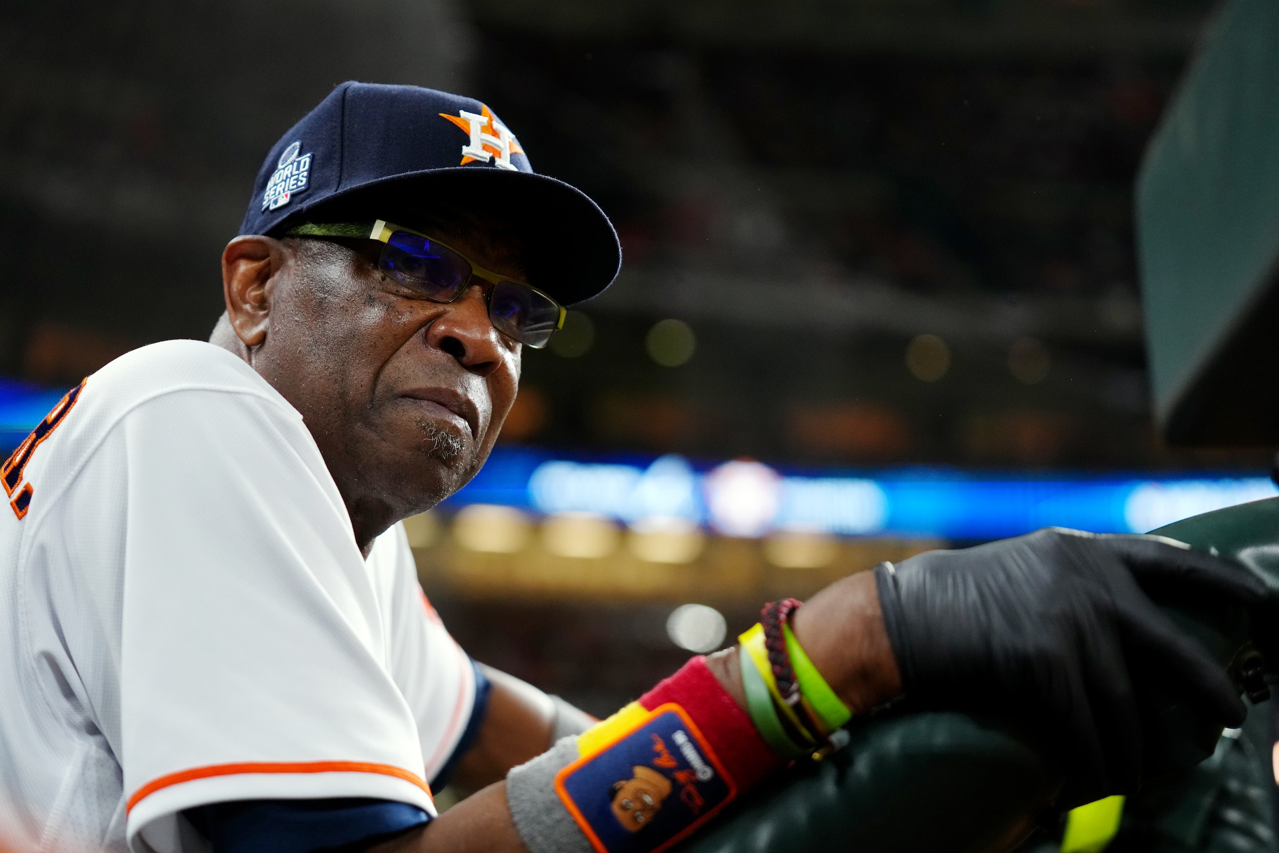 HOUSTON, TX - OCTOBER 26:  Manager Dusty Baker #12 of the Houston Astros looks on from the dugout during Game 1 of the 2021 World Series between the Atlanta Braves and the Houston Astros at Minute Maid Park on Tuesday, October 26, 2021 in Houston, Texas. (Photo by Daniel Shirey/MLB Photos via Getty Images)