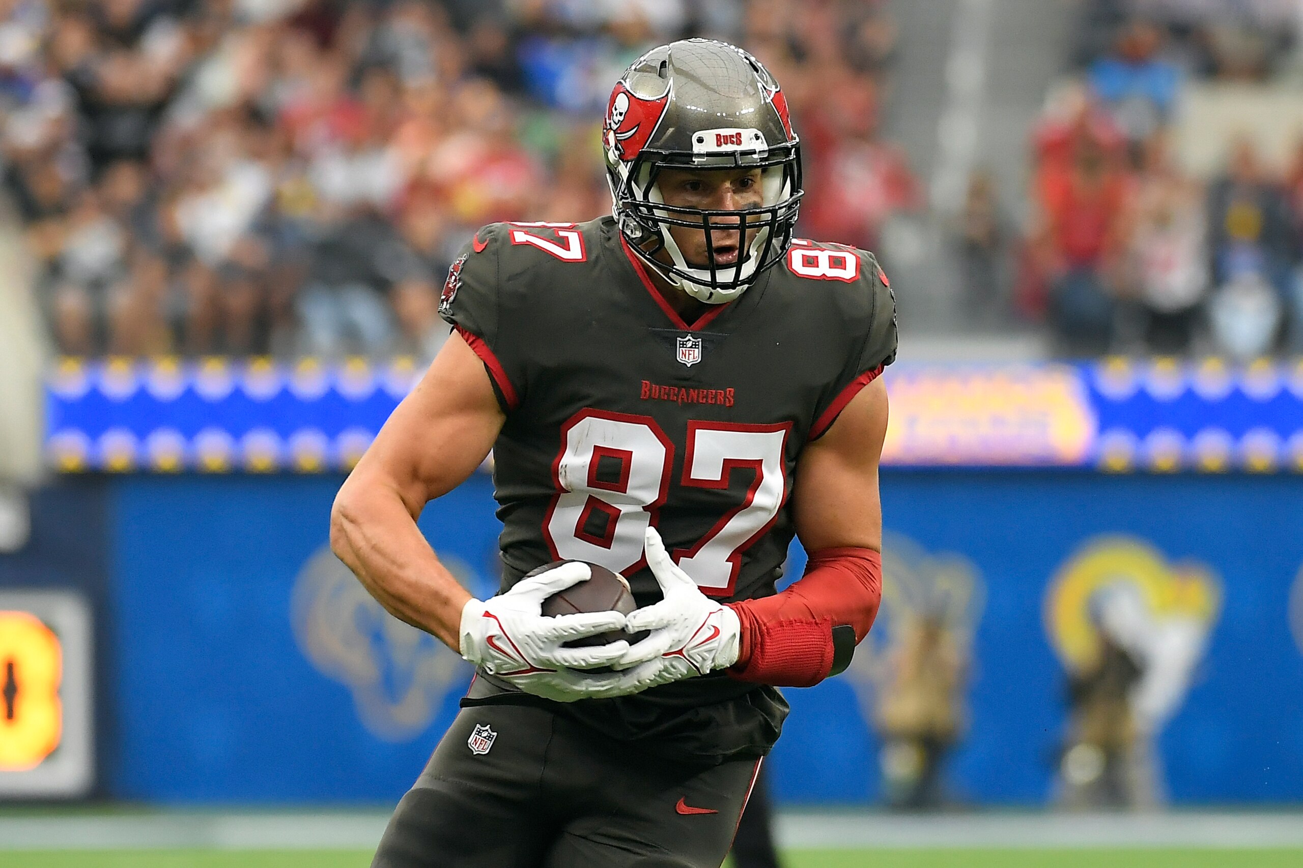 Tampa Bay Buccaneers tight end Rob Gronkowski runs after a catch during the first half of an NFL football game against the Los Angeles Rams Sunday, Sept. 26, 2021, in Inglewood, Calif. (AP Photo/Kevork Djansezian)