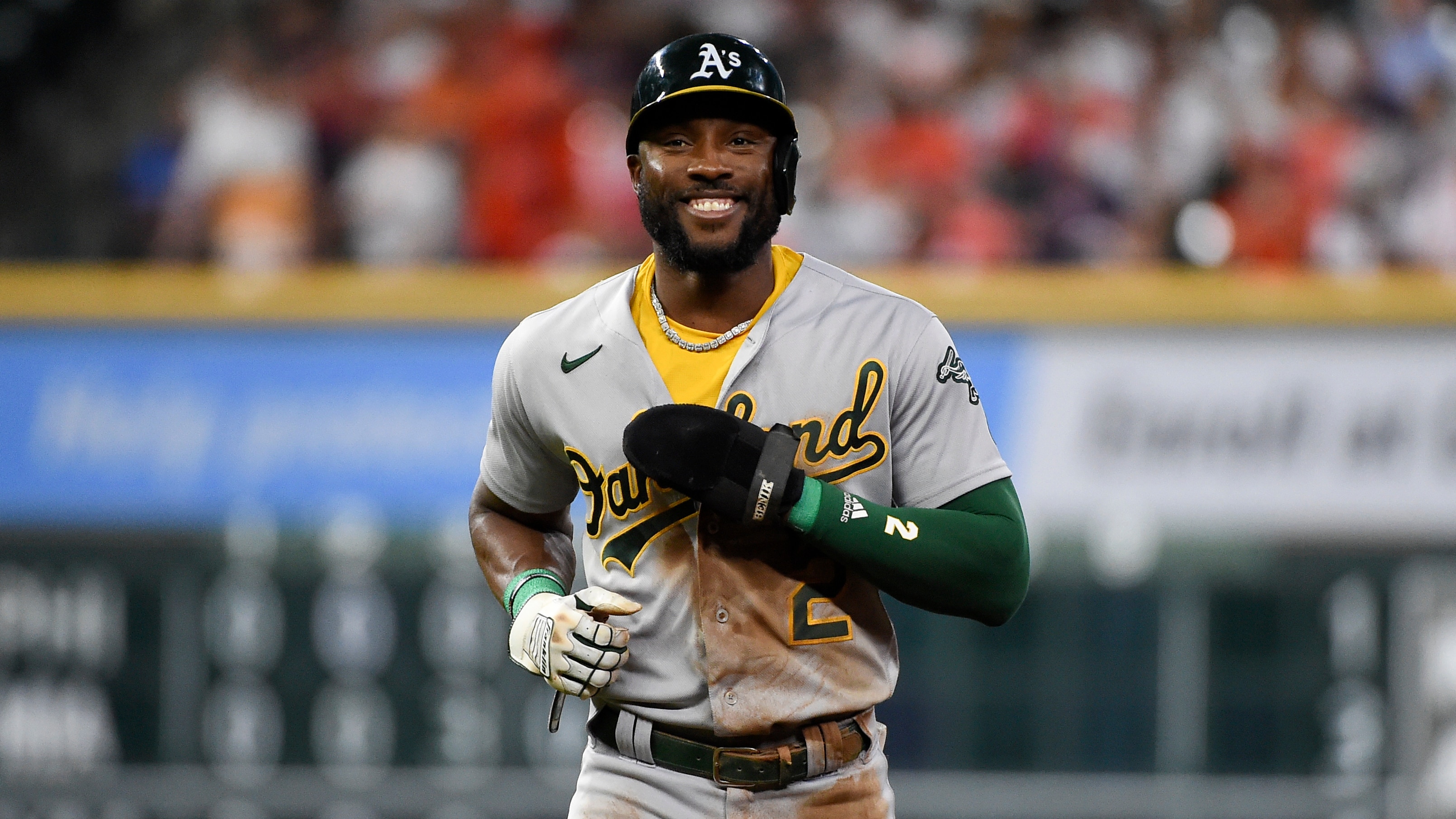 Oakland Athletics' Starling Marte walks back to first after a foul ball in a baseball game against the Houston Astros, Saturday, Oct. 2, 2021, in Houston. (AP Photo/Eric Christian Smith)