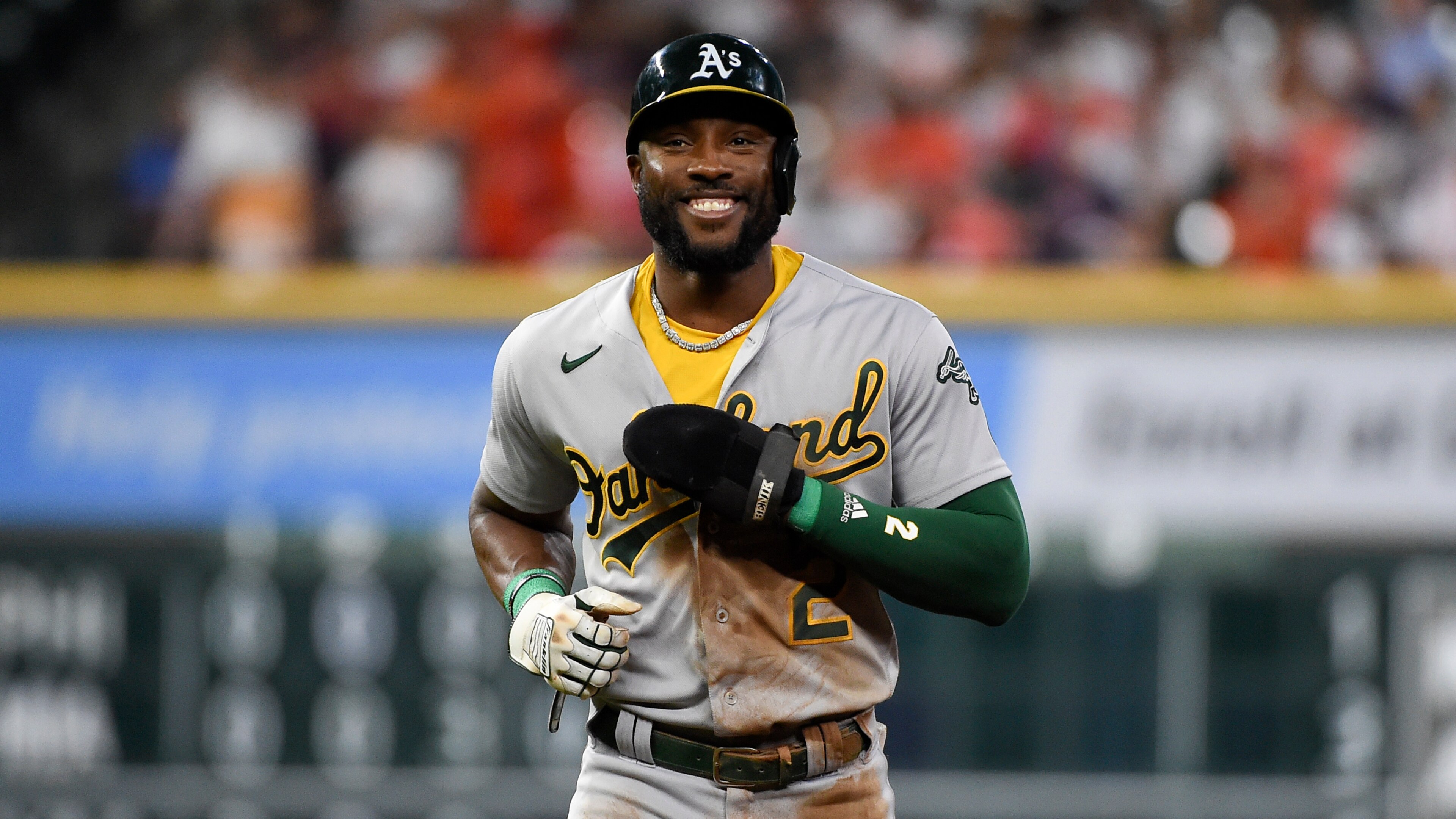 Oakland Athletics' Starling Marte walks back to first after a foul ball in a baseball game against the Houston Astros, Saturday, Oct. 2, 2021, in Houston. (AP Photo/Eric Christian Smith) Oakland Athletics' Starling Marte walks back to first after a foul ball in a baseball game against the Houston Astros, Saturday, Oct. 2, 2021, in Houston. (AP Photo/Eric Christian Smith)