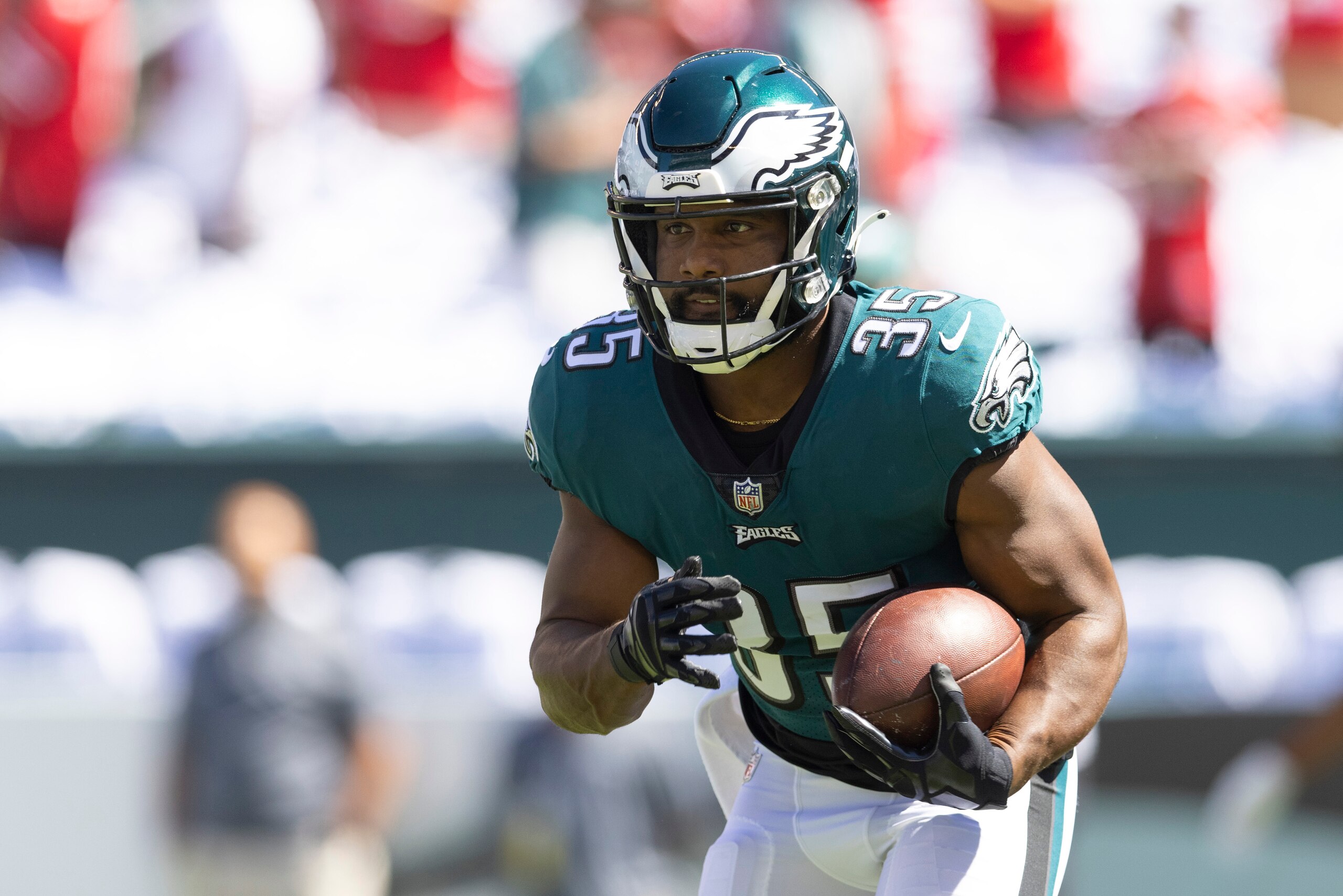 PHILADELPHIA, PA - SEPTEMBER 19: Boston Scott #35 of the Philadelphia Eagles warms up prior to the game against the San Francisco 49ers at Lincoln Financial Field on September 19, 2021 in Philadelphia, Pennsylvania. (Photo by Mitchell Leff/Getty Images)