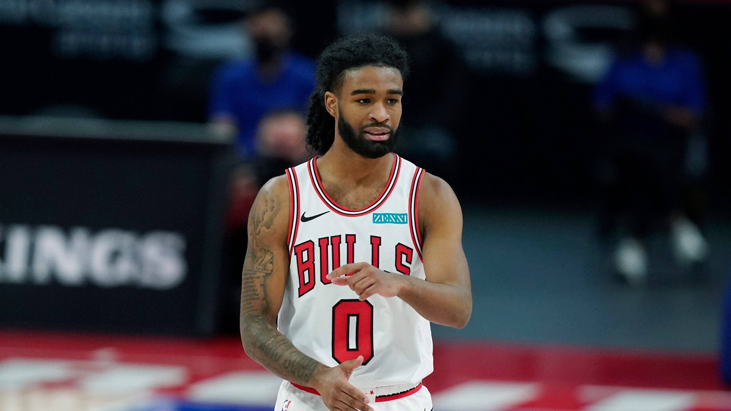Chicago Bulls guard Coby White plays during the first half of an NBA basketball game, Sunday, May 9, 2021, in Detroit. (AP Photo/Carlos Osorio)