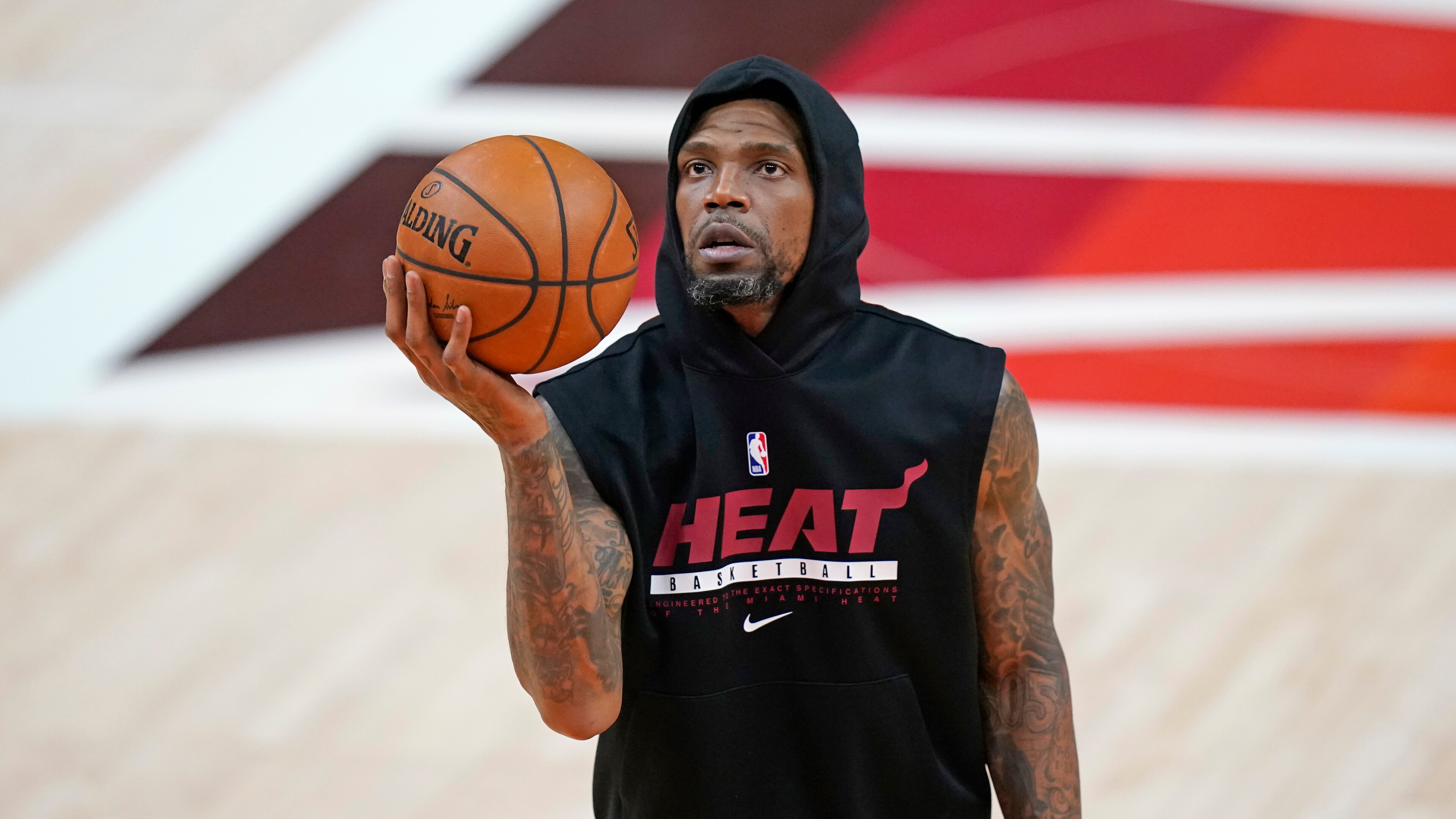 Miami Heat forward Udonis Haslem warms up before an NBA basketball game against the Utah Jazz Saturday, Feb. 13, 2021, in Salt Lake City. (AP Photo/Rick Bowmer)