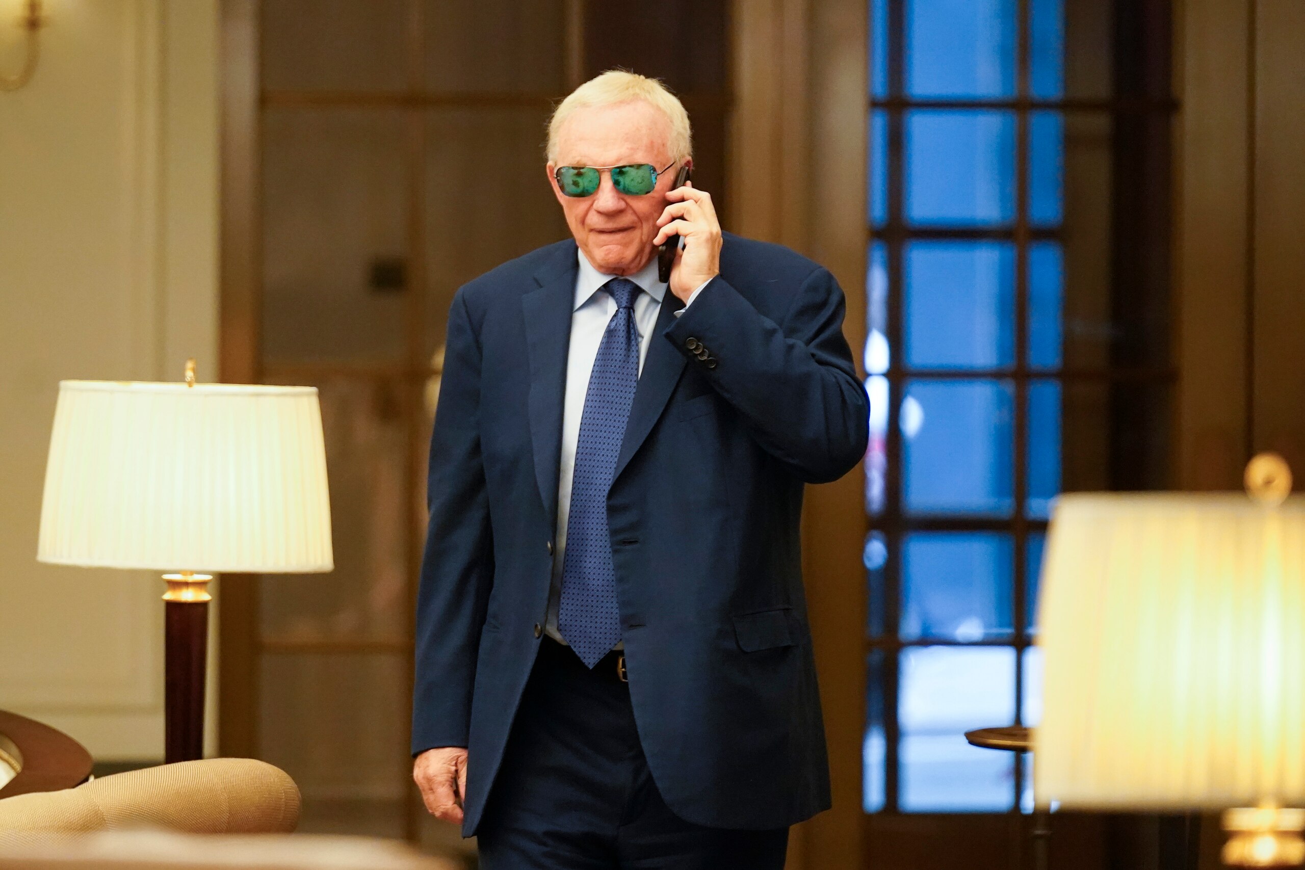 Jerry Jones, owner of the Dallas Cowboys, arrives for an NFL football owners meeting in New York, Tuesday, Oct. 26, 2021. (AP Photo/Seth Wenig)