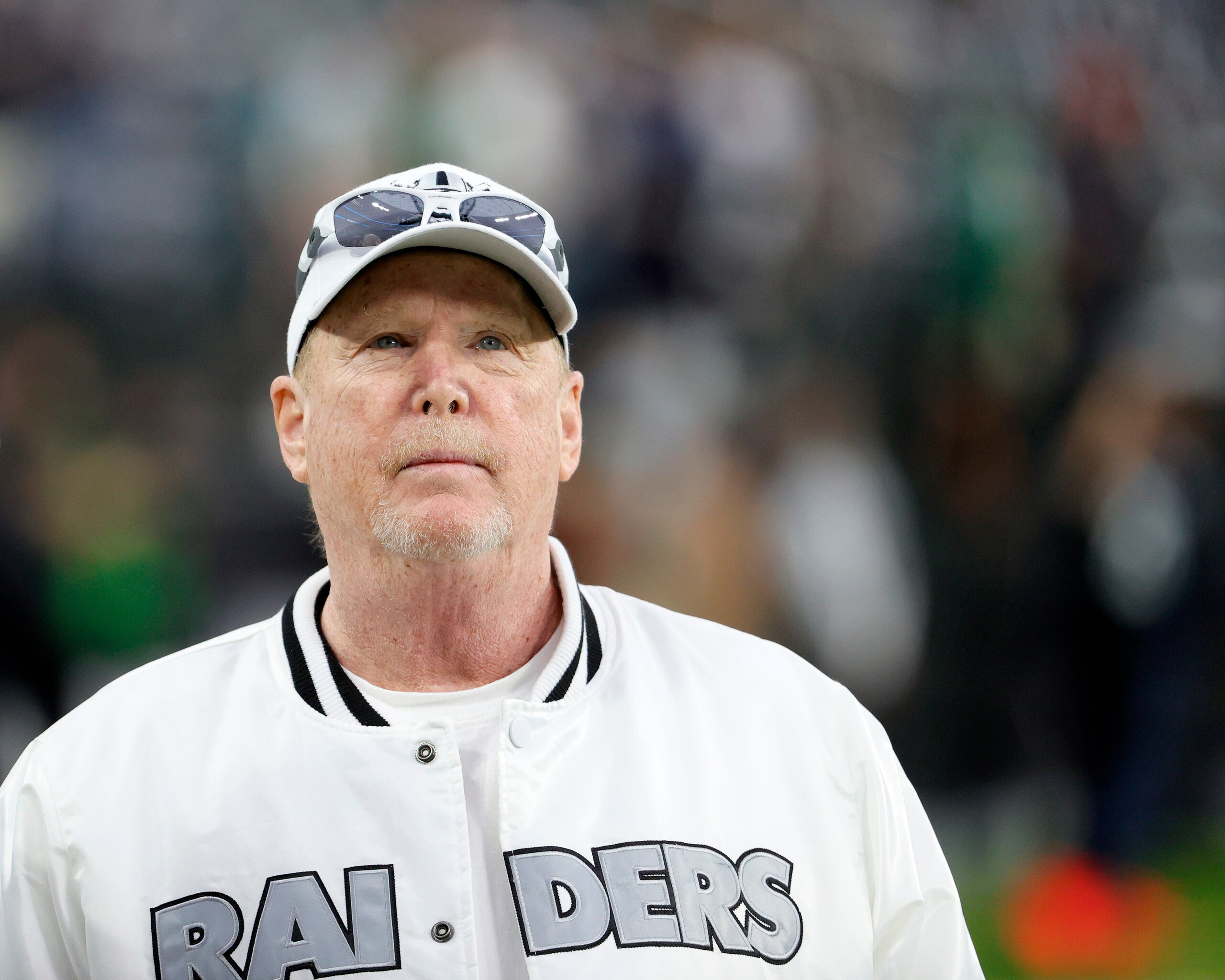 LAS VEGAS, NEVADA - OCTOBER 24:  Owner and managing general partner Mark Davis of the Las Vegas Raiders walks on a sideline before a game against the Philadelphia Eagles at Allegiant Stadium on October 24, 2021 in Las Vegas, Nevada. The Raiders defeated the Eagles 33-22.  (Photo by Ethan Miller/Getty Images)