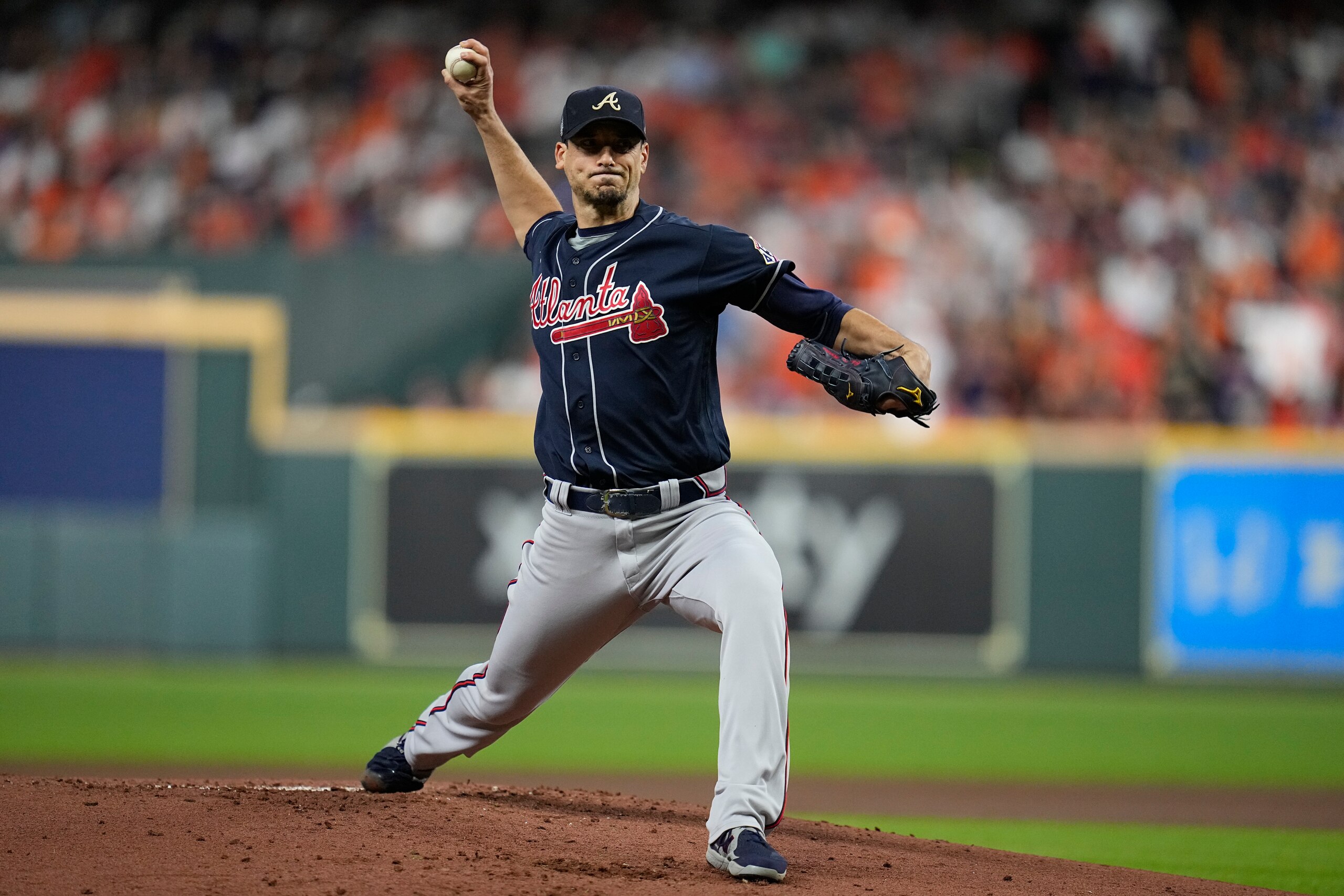 Atlanta Braves starting pitcher Charlie Morton throws during the first inning of Game 1 in baseball's World Series between the Houston Astros and the Atlanta Braves Tuesday, Oct. 26, 2021, in Houston. (AP Photo/Ashley Landis) Atlanta Braves starting pitcher Charlie Morton throws during the first inning of Game 1 in baseball's World Series between the Houston Astros and the Atlanta Braves Tuesday, Oct. 26, 2021, in Houston. (AP Photo/Ashley Landis)