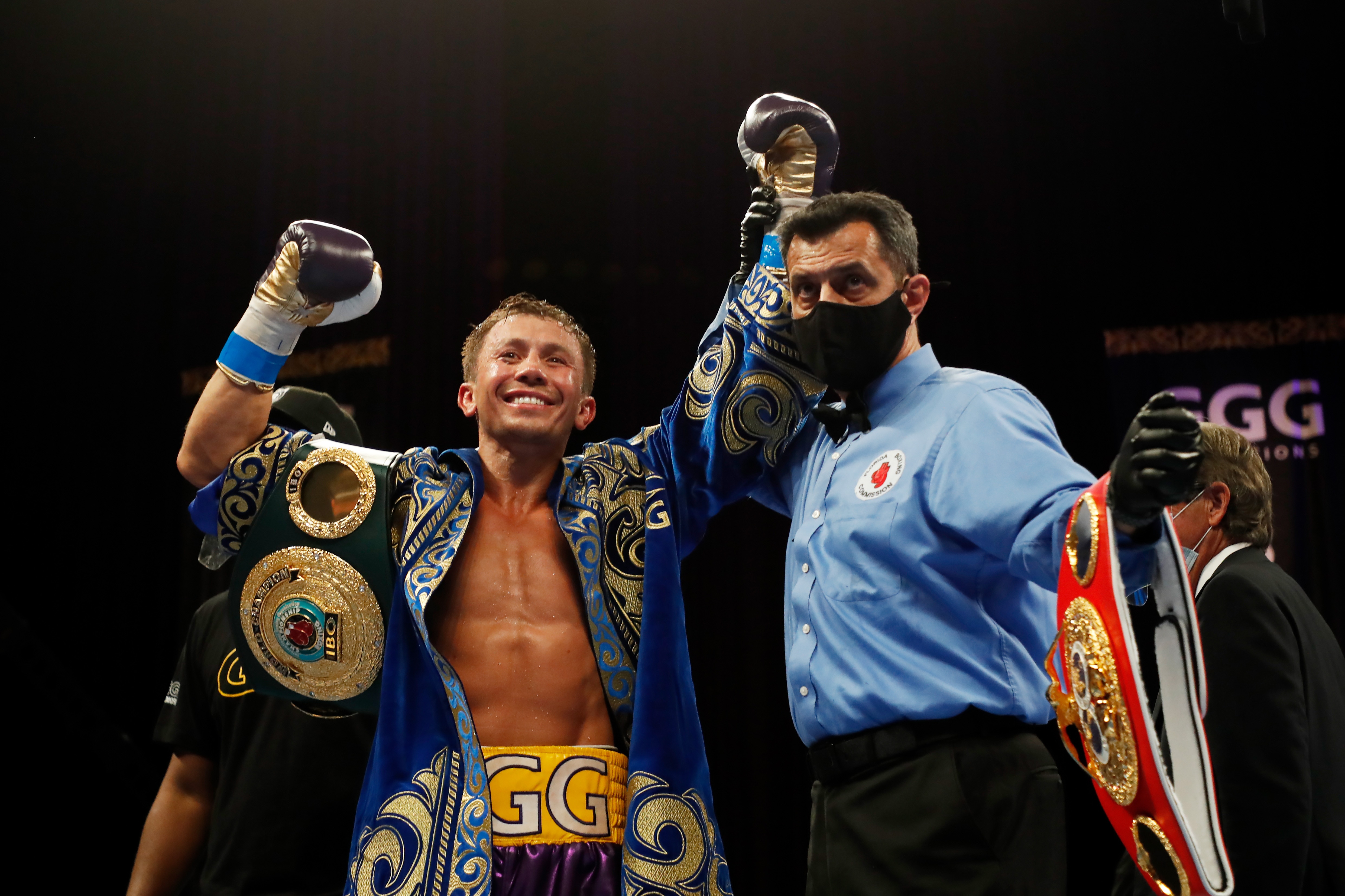 HOLLYWOOD, FLORIDA - DECEMBER 18: Gennadiy Golovkin celebrates defeating Kamil Szeremeta in their IBF Middleweight title bout at Seminole Hard Rock Hotel & Casino on December 18, 2020 in Hollywood, Florida. (Photo by Cliff Hawkins/Getty Images)