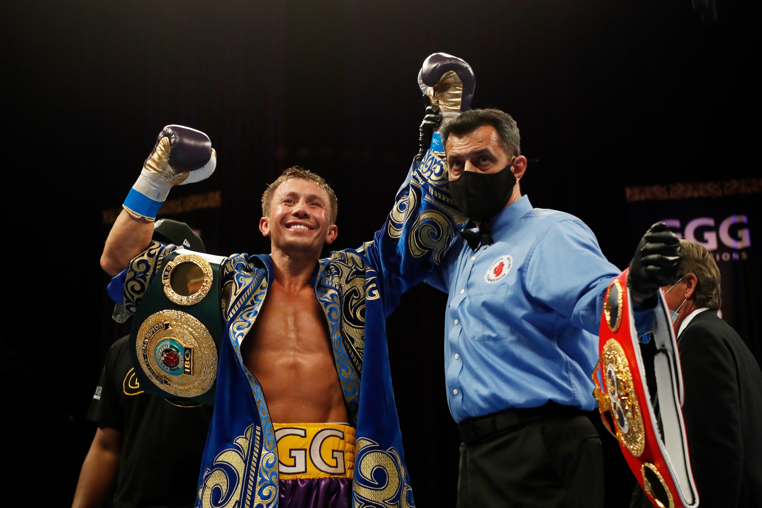 HOLLYWOOD, FLORIDA - DECEMBER 18: Gennadiy Golovkin celebrates defeating Kamil Szeremeta in their IBF Middleweight title bout at Seminole Hard Rock Hotel & Casino on December 18, 2020 in Hollywood, Florida. (Photo by Cliff Hawkins/Getty Images)