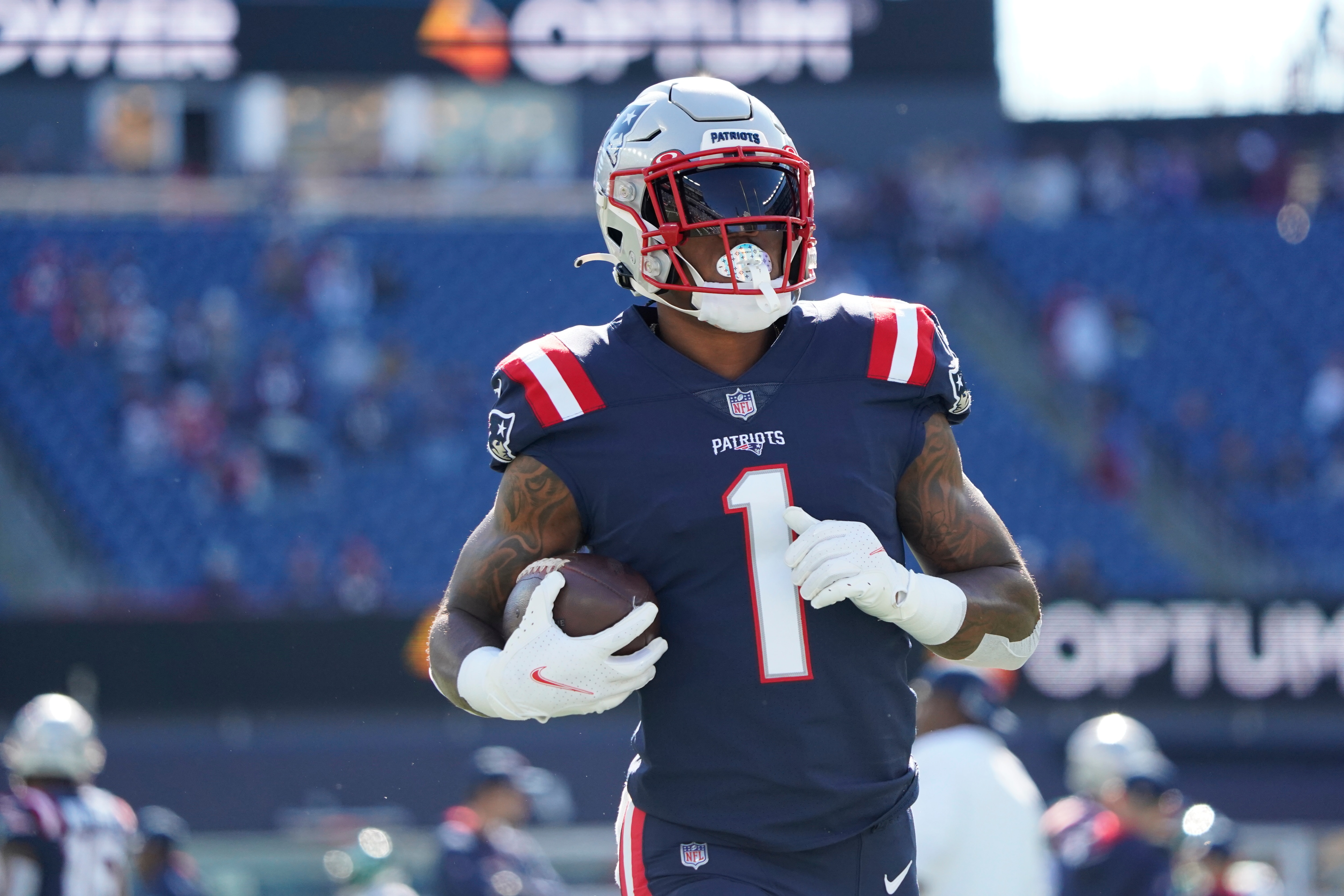 New England Patriots wide receiver N'Keal Harry (1) prior to an NFL football between the New England Patriots and New York Jets, Sunday, Oct. 24, 2021, in Foxborough, Mass. (AP Photo/Mary Schwalm) New England Patriots wide receiver N'Keal Harry (1) prior to an NFL football between the New England Patriots and New York Jets, Sunday, Oct. 24, 2021, in Foxborough, Mass. (AP Photo/Mary Schwalm)
