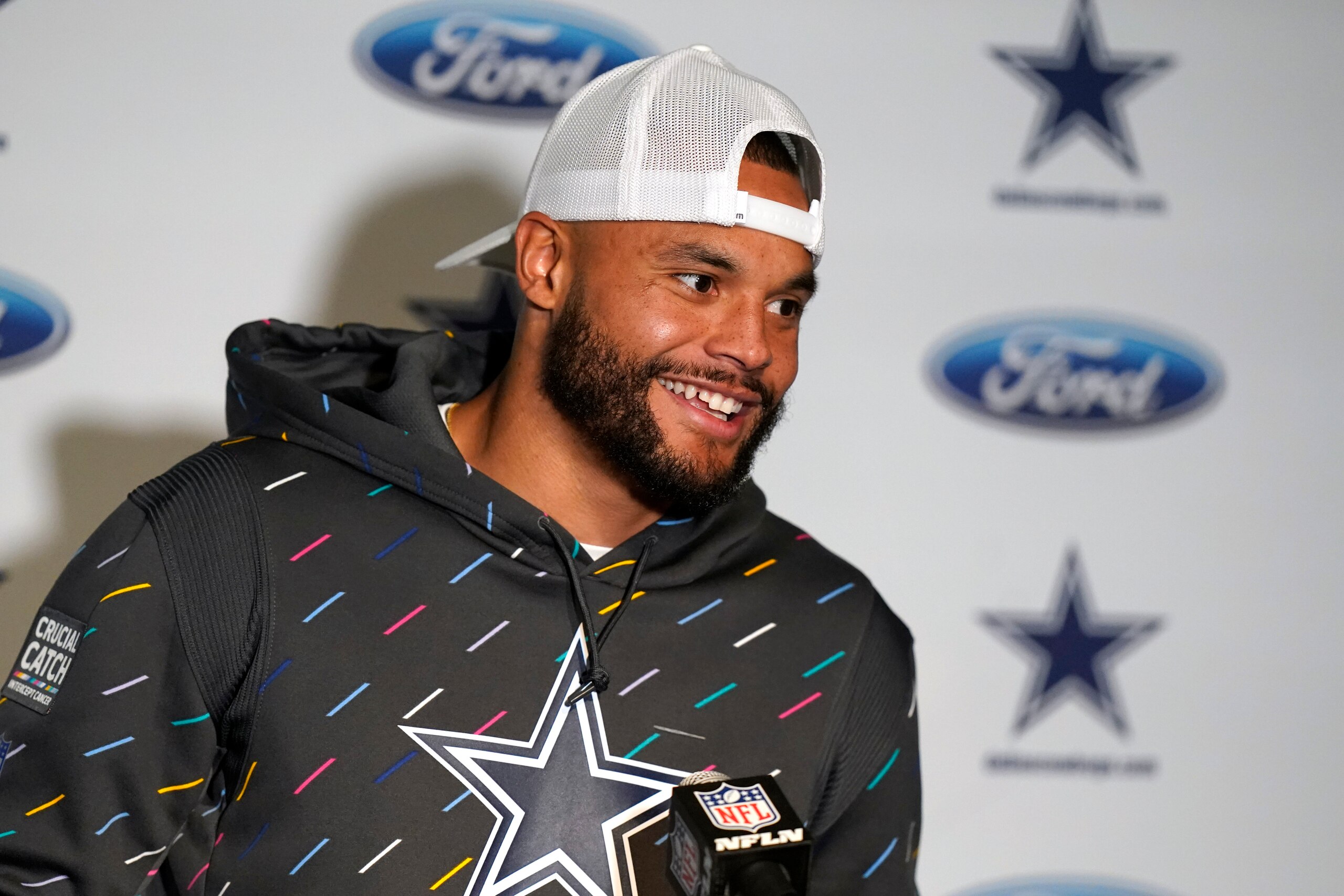 Dallas Cowboys quarterback Dak Prescott faces reporters following an NFL football game against the New England Patriots, Sunday, Oct. 17, 2021, in Foxborough, Mass. (AP Photo/Steven Senne) Dallas Cowboys quarterback Dak Prescott faces reporters following an NFL football game against the New England Patriots, Sunday, Oct. 17, 2021, in Foxborough, Mass. (AP Photo/Steven Senne)