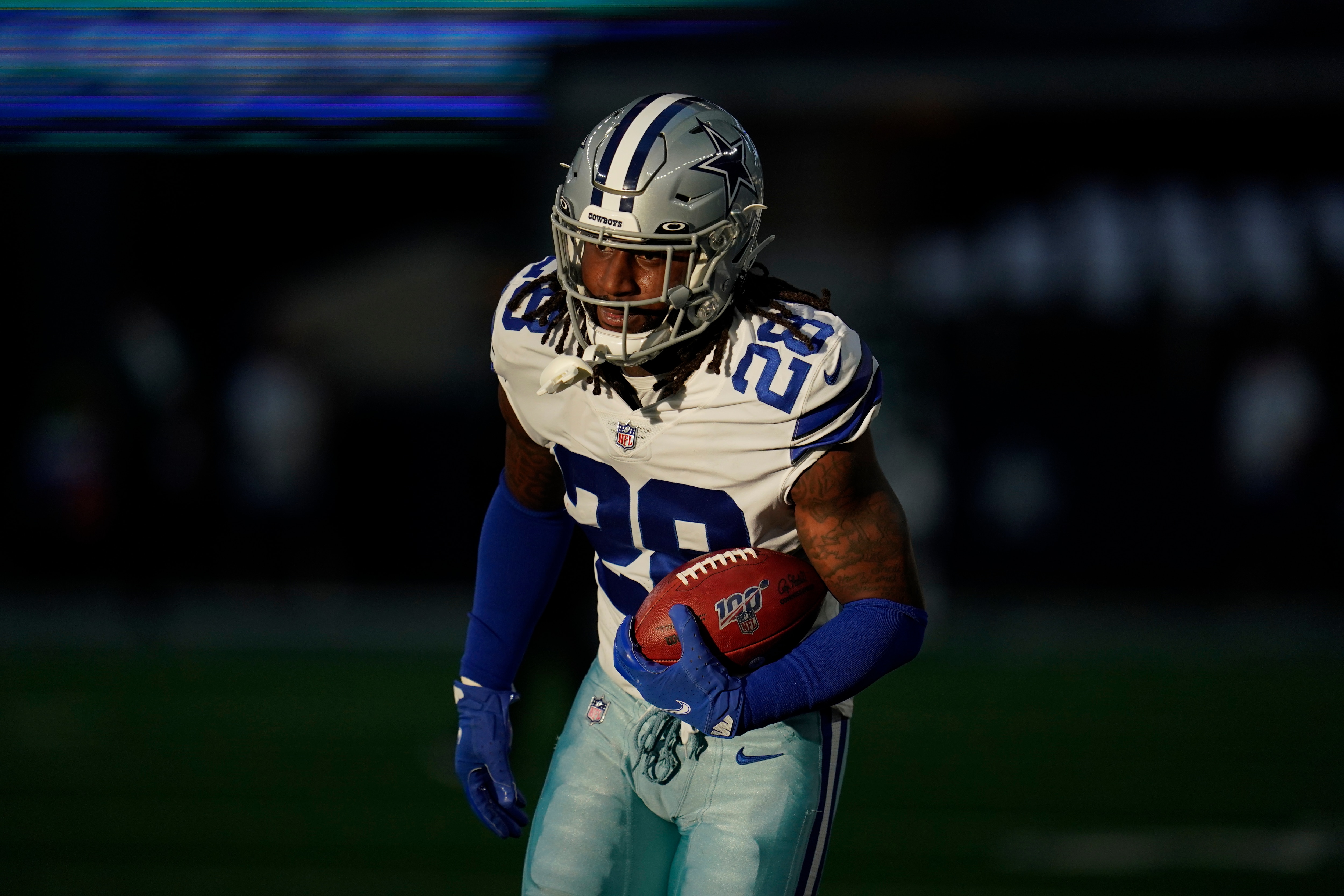 Dallas Cowboys defensive back Malik Hooker (28) is seen during pregame warmups before an NFL football game against the Philadelphia Eagles, Monday, Sept. 27, 2021, in Arlington, Texas. (AP Photo/Matt Patterson)