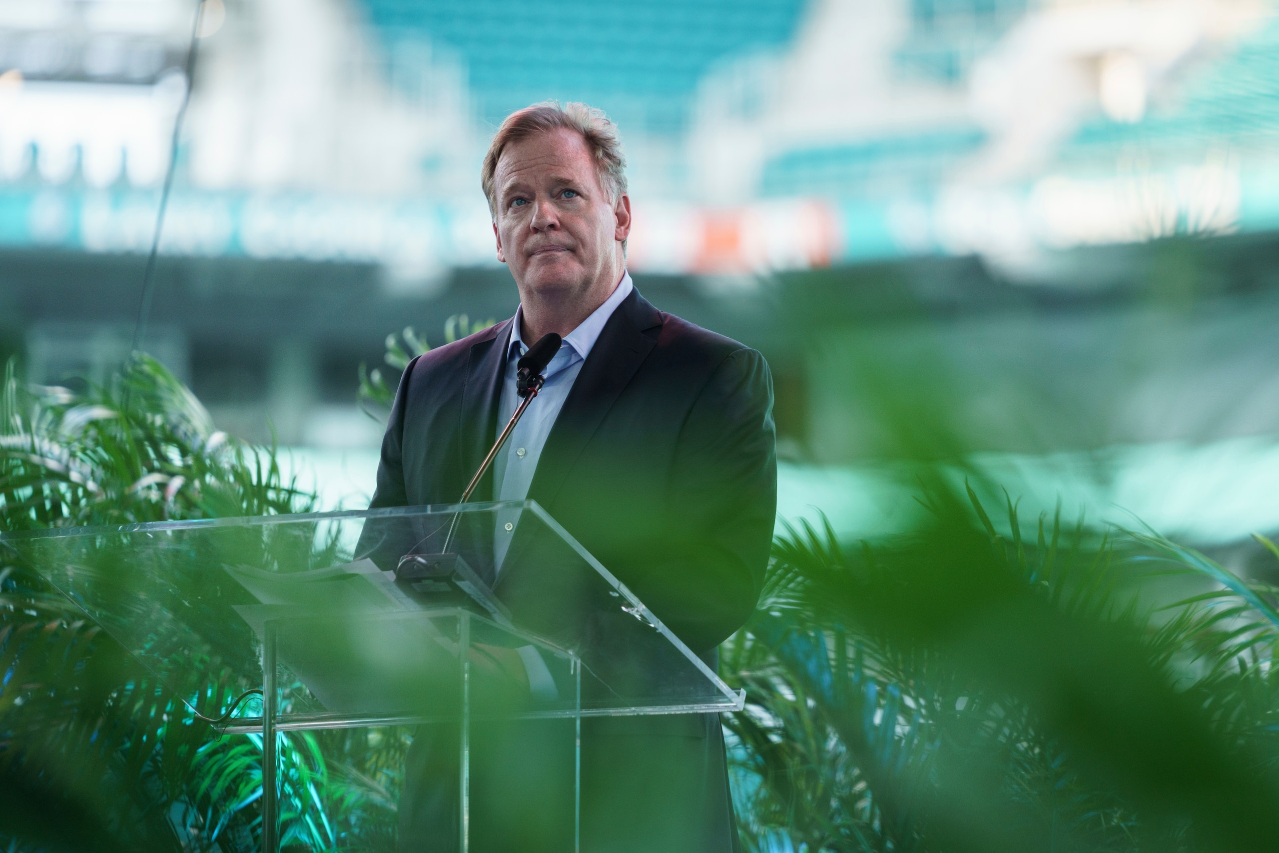 NFL Commissioner Roger Goodell speaks during the Celebration of Life ceremony for former Miami Dolphins football head coach Don Shula on Saturday, Oct. 2, 2021 at Hard Rock Stadium in Miami Gardens, Fla. (AP Photo/Bryan Cereijo)