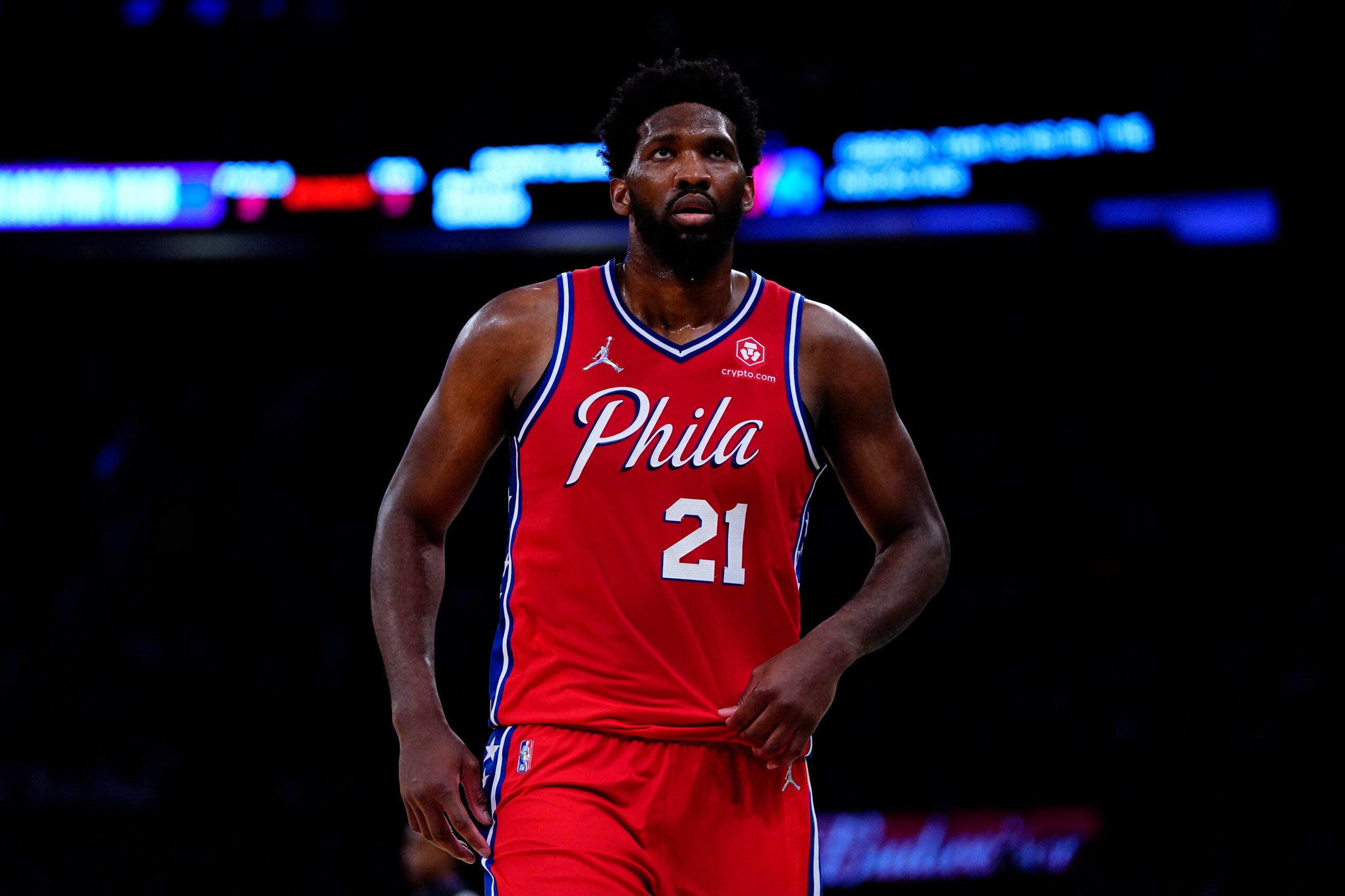 Philadelphia 76ers' Joel Embiid (21) during the second half of an NBA basketball game against the New York Knicks Tuesday, Oct. 26, 2021, in New York. The Knicks won 112-99. (AP Photo/Frank Franklin II)