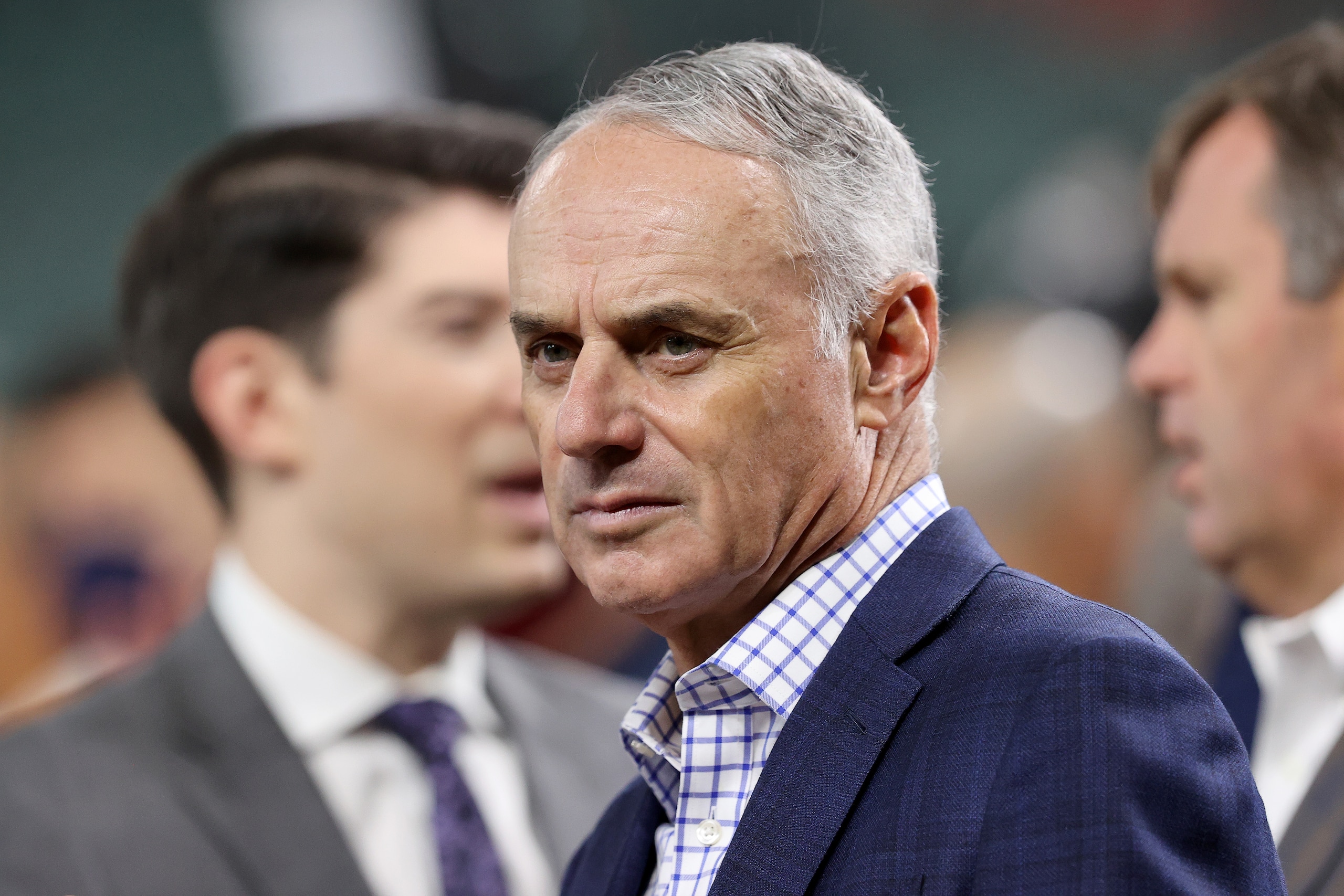 HOUSTON, TEXAS - OCTOBER 26: Major League Baseball Commissioner Rob Manfred looks on prior to Game One of the World Series between the Atlanta Braves and the Houston Astros at Minute Maid Park on October 26, 2021 in Houston, Texas. (Photo by Bob Levey/Getty Images) HOUSTON, TEXAS - OCTOBER 26: Major League Baseball Commissioner Rob Manfred looks on prior to Game One of the World Series between the Atlanta Braves and the Houston Astros at Minute Maid Park on October 26, 2021 in Houston, Texas. (Photo by Bob Levey/Getty Images)