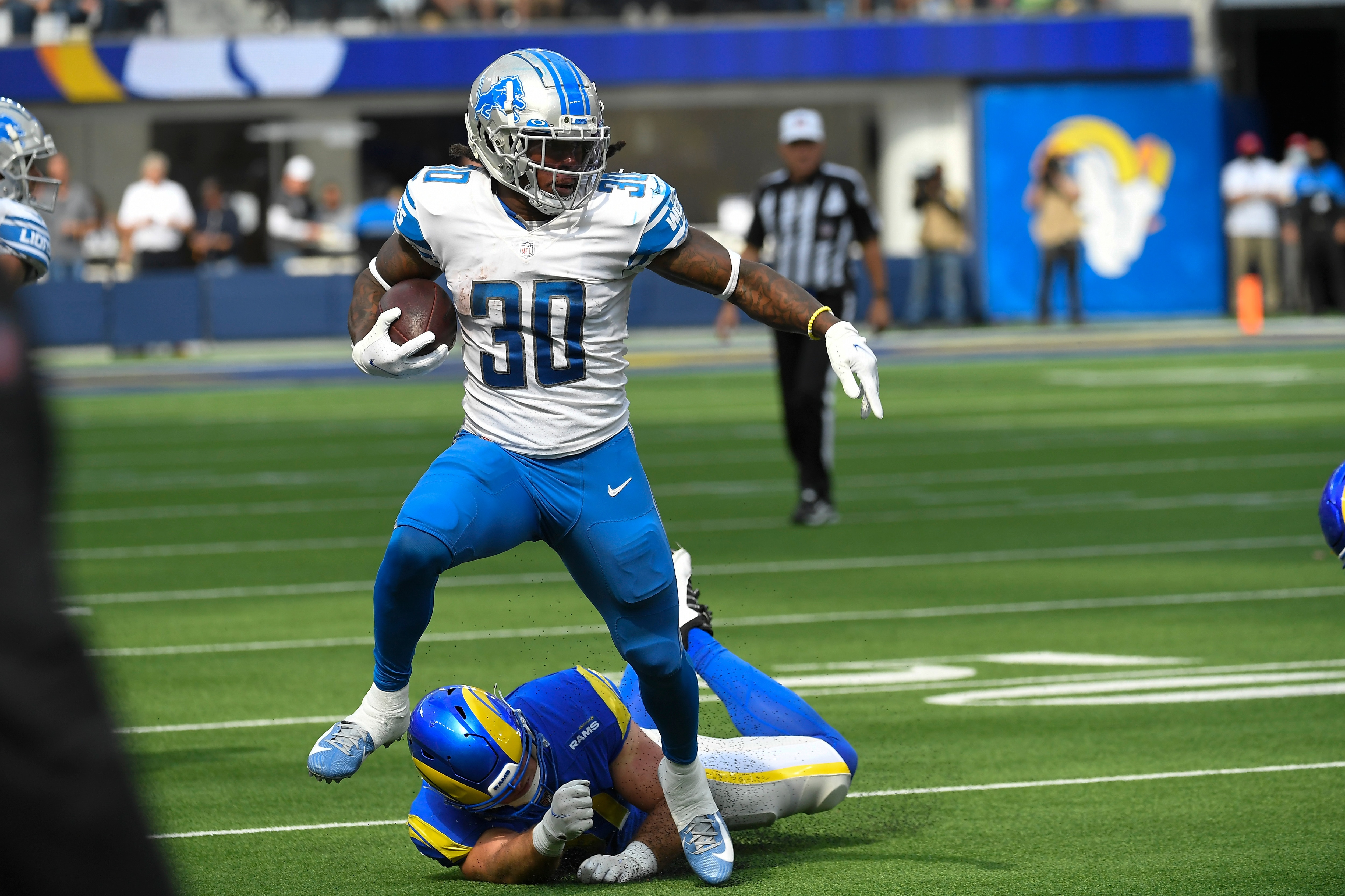 Detroit Lions running back Jamaal Williams during the first half of an NFL football game against the Los Angeles Rams Sunday, Oct. 24, 2021, in Inglewood, Calif. (AP Photo/Kevork Djansezian)